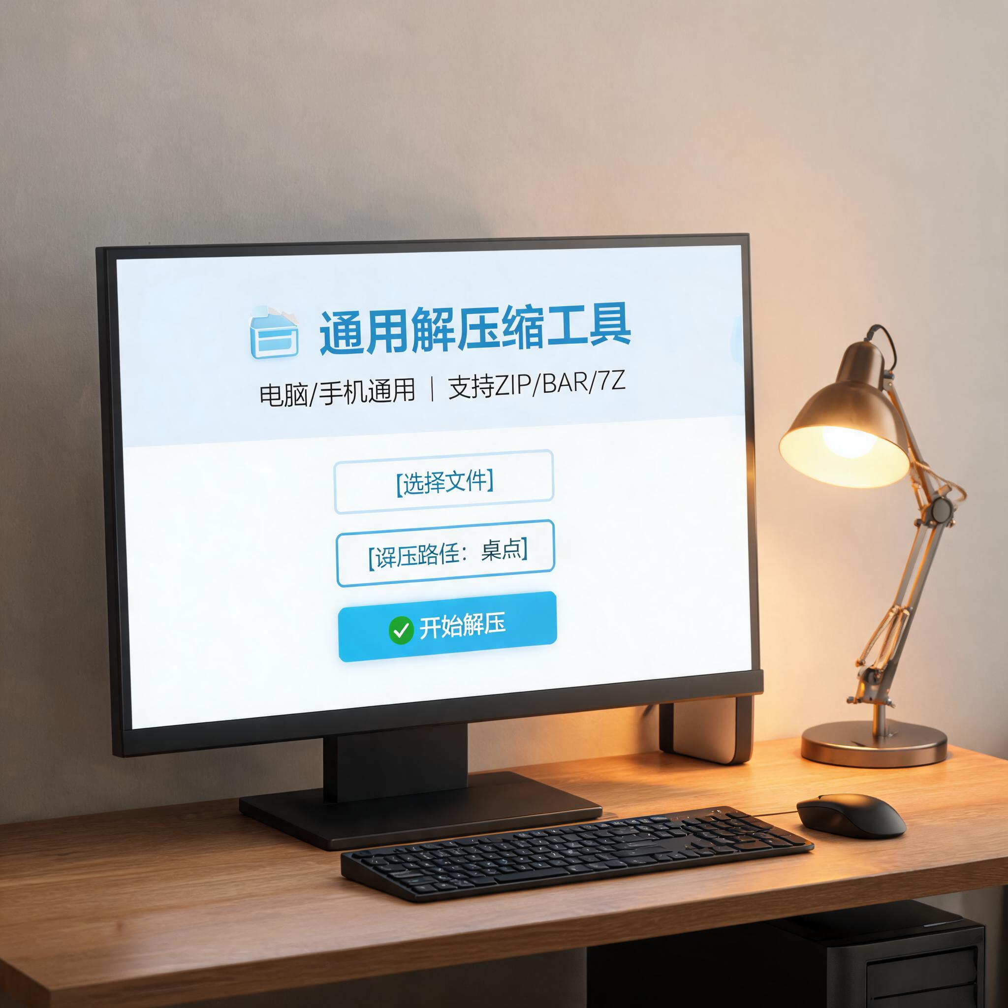 电脑桌上的电脑，屏幕显示电脑手机通用解压缩工具界面，旁边放着台灯