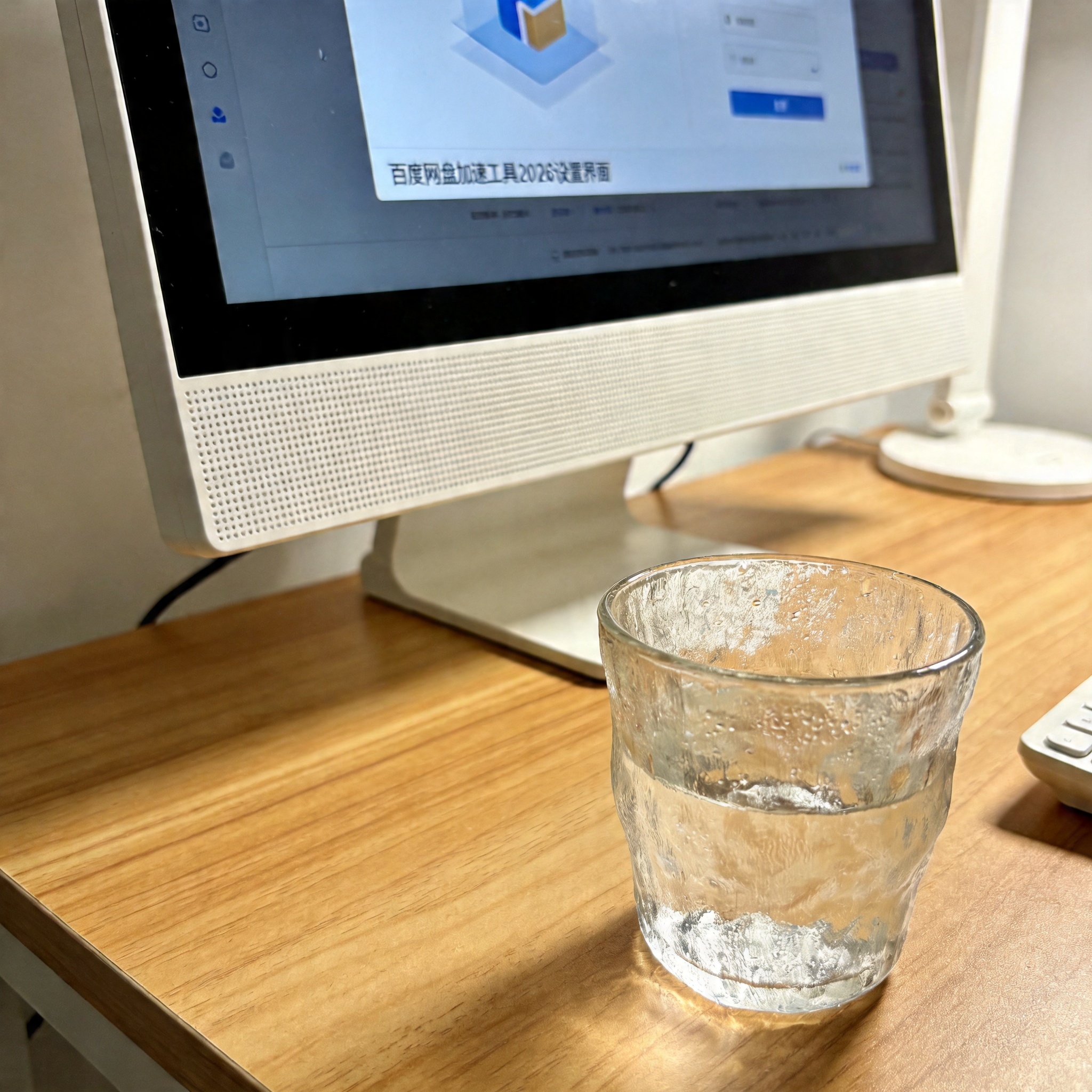书桌上的主机，屏幕显示百度网盘加速工具 2026设置界面，桌角放着水杯，自然光