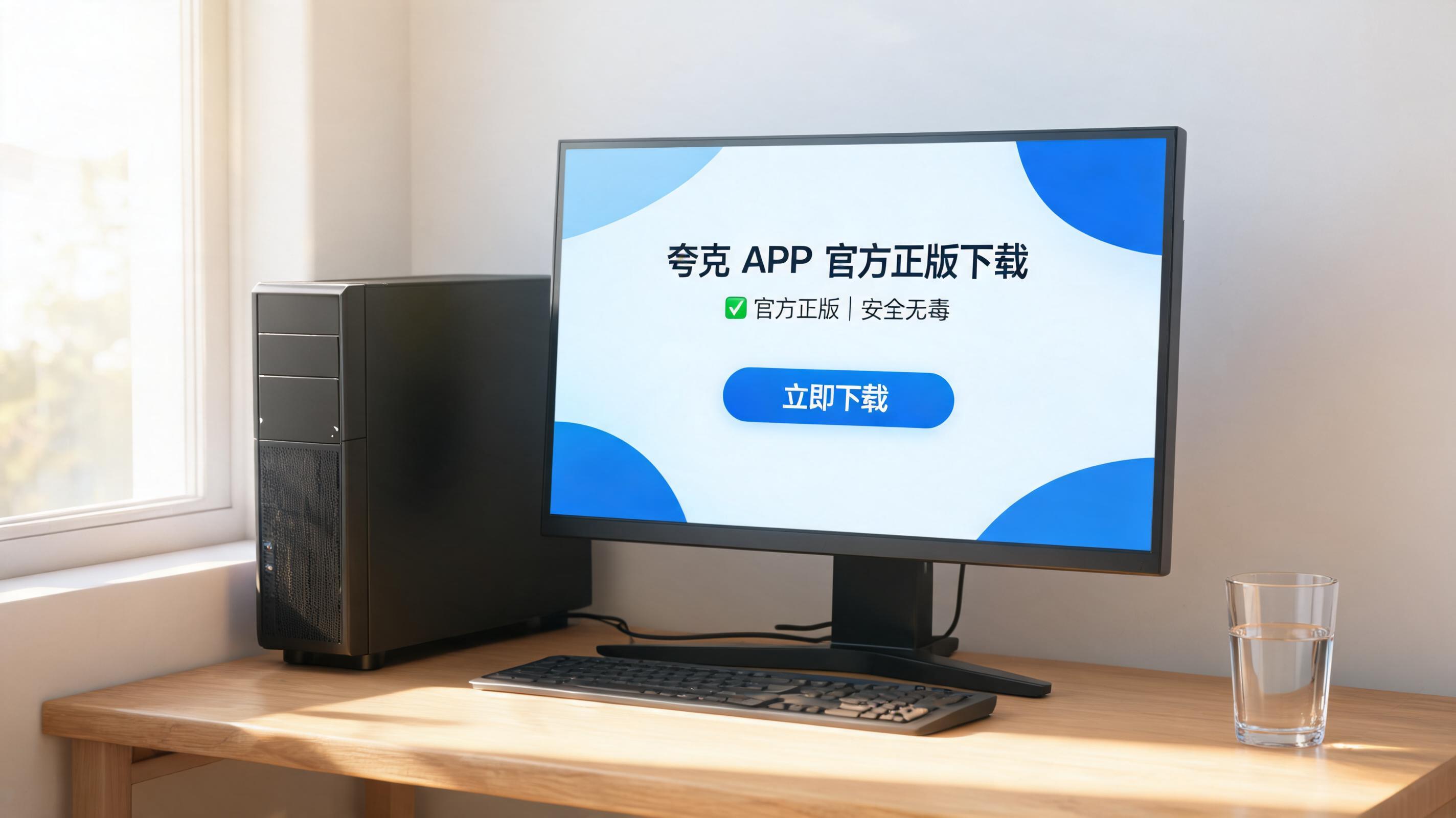 书桌上的主机，屏幕显示夸克 APP 官方正版下载设置界面，桌角放着水杯，自然光