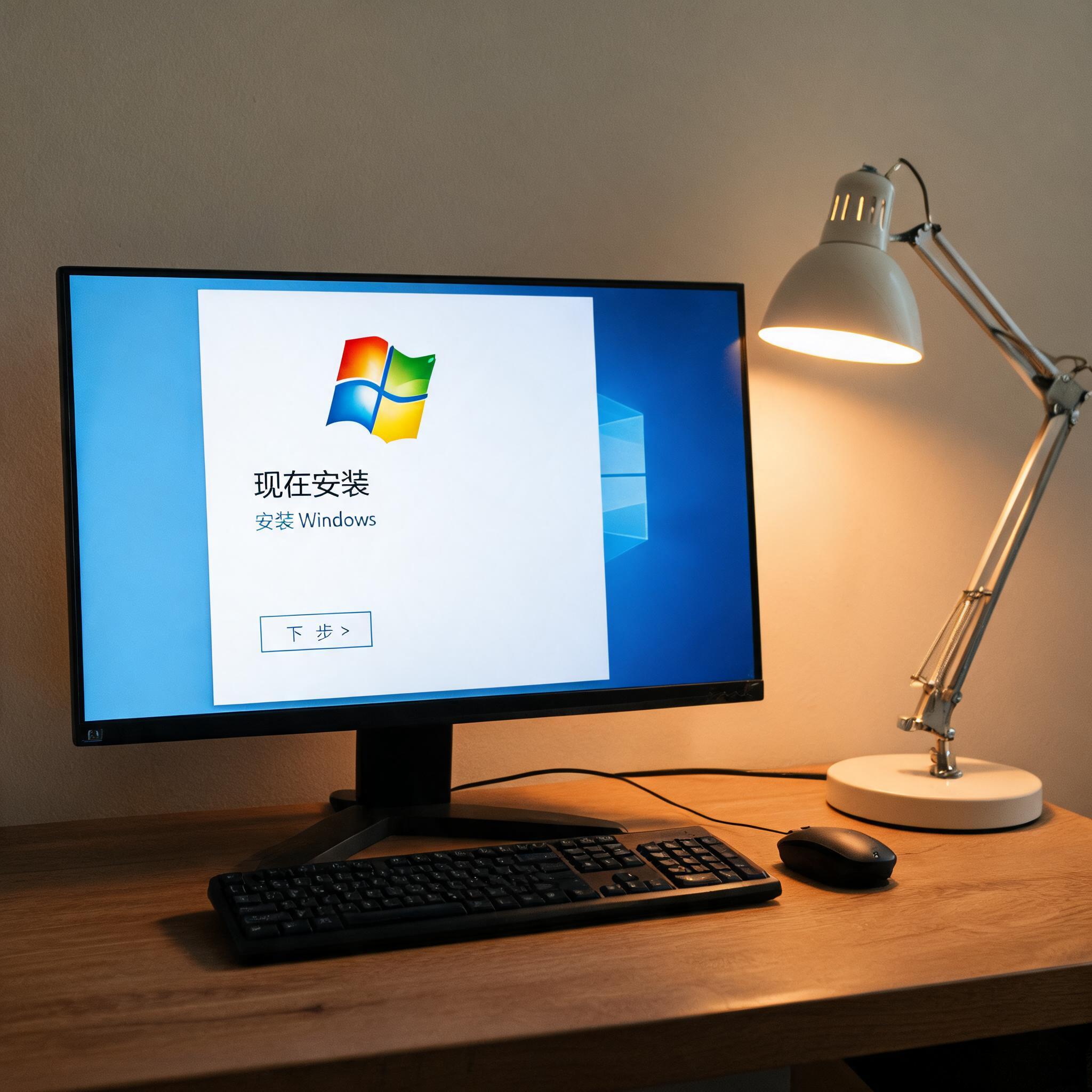 电脑桌上的电脑，屏幕显示Windows安装界面，旁边放着台灯