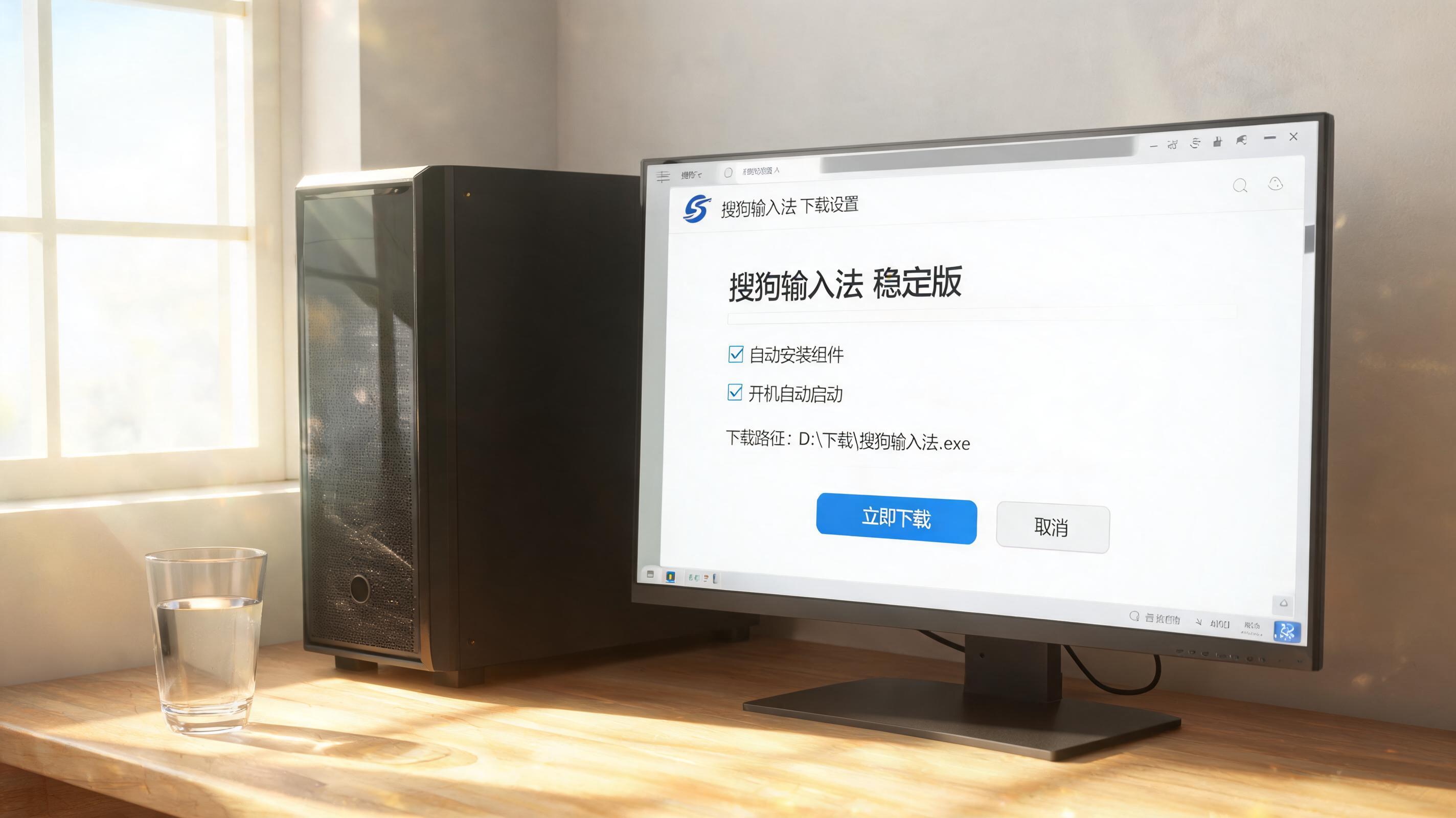 书桌上的主机，屏幕显示搜狗输入法稳定版下载设置界面，桌角放着水杯，自然光