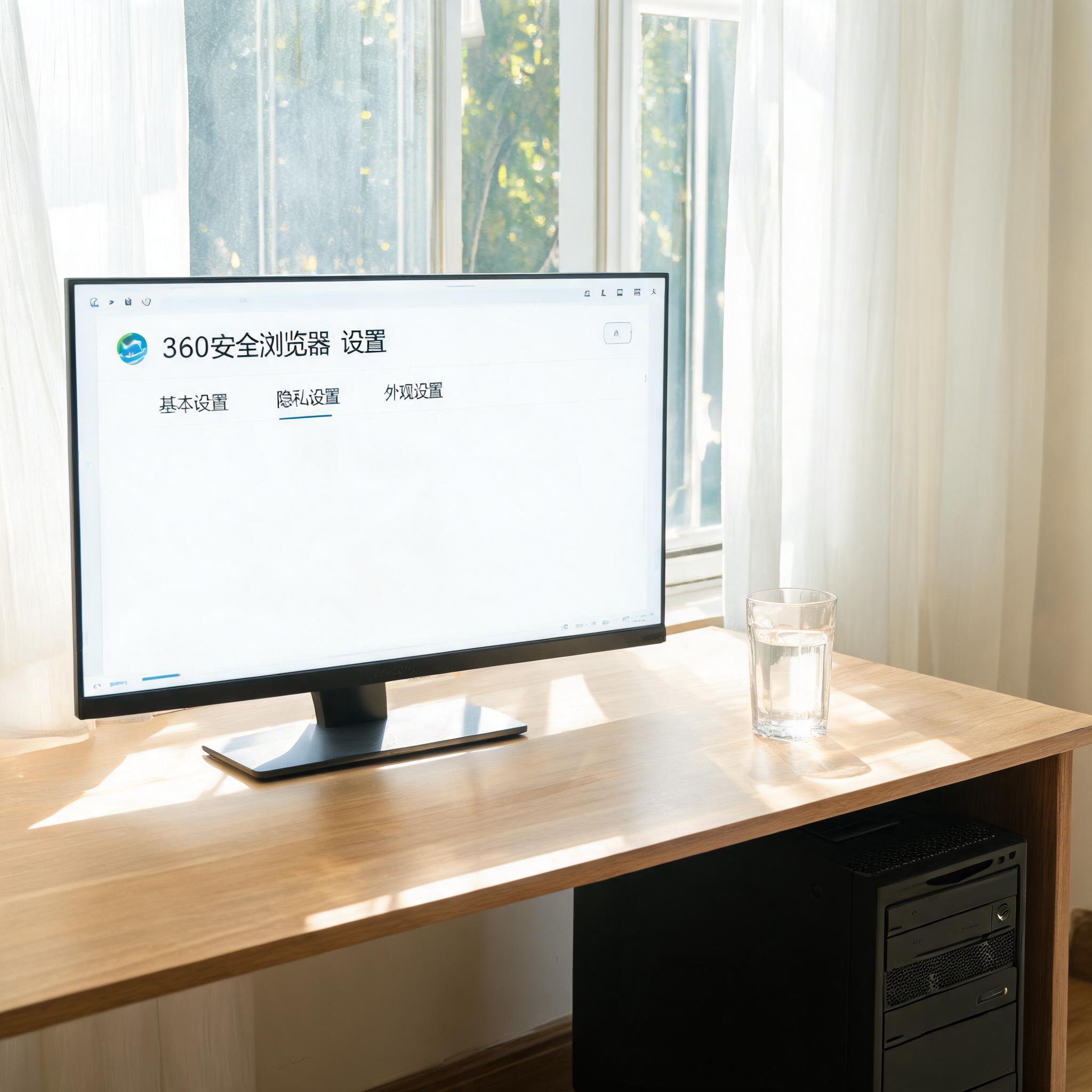 书桌上的主机，屏幕显示纯净版 360 安全浏览器设置界面，桌角放着水杯，自然光