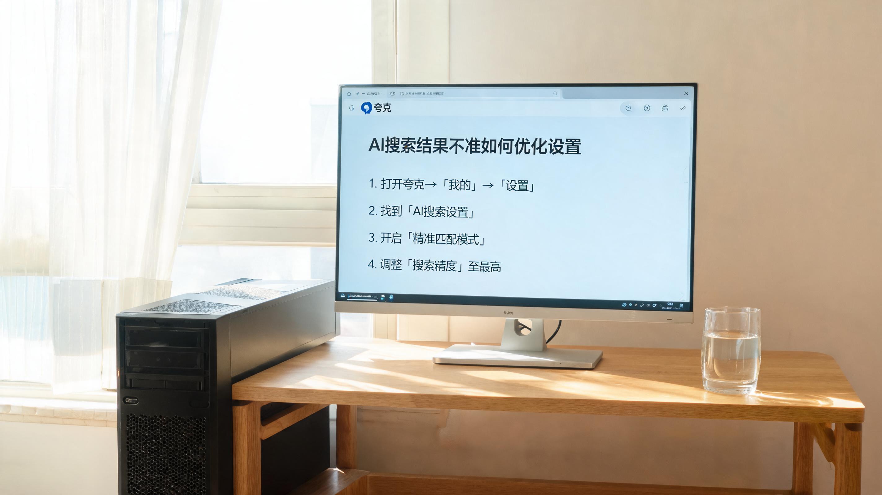 书桌上的主机，屏幕显示夸克浏览器 AI 搜索结果不准如何优化设置界面，桌角放着水杯，自然光