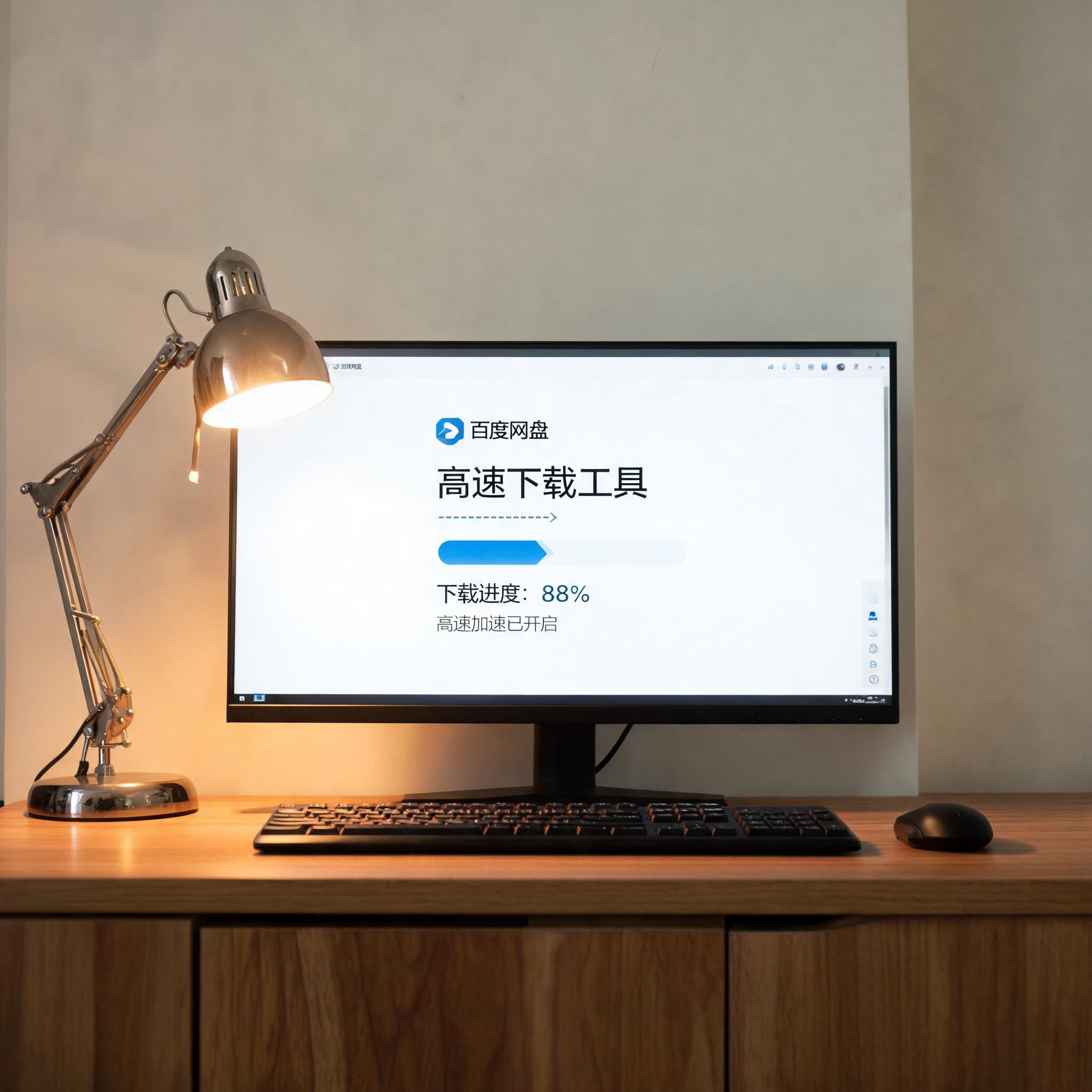 电脑桌上的电脑，屏幕显示百度网盘高速下载工具界面，旁边放着台灯