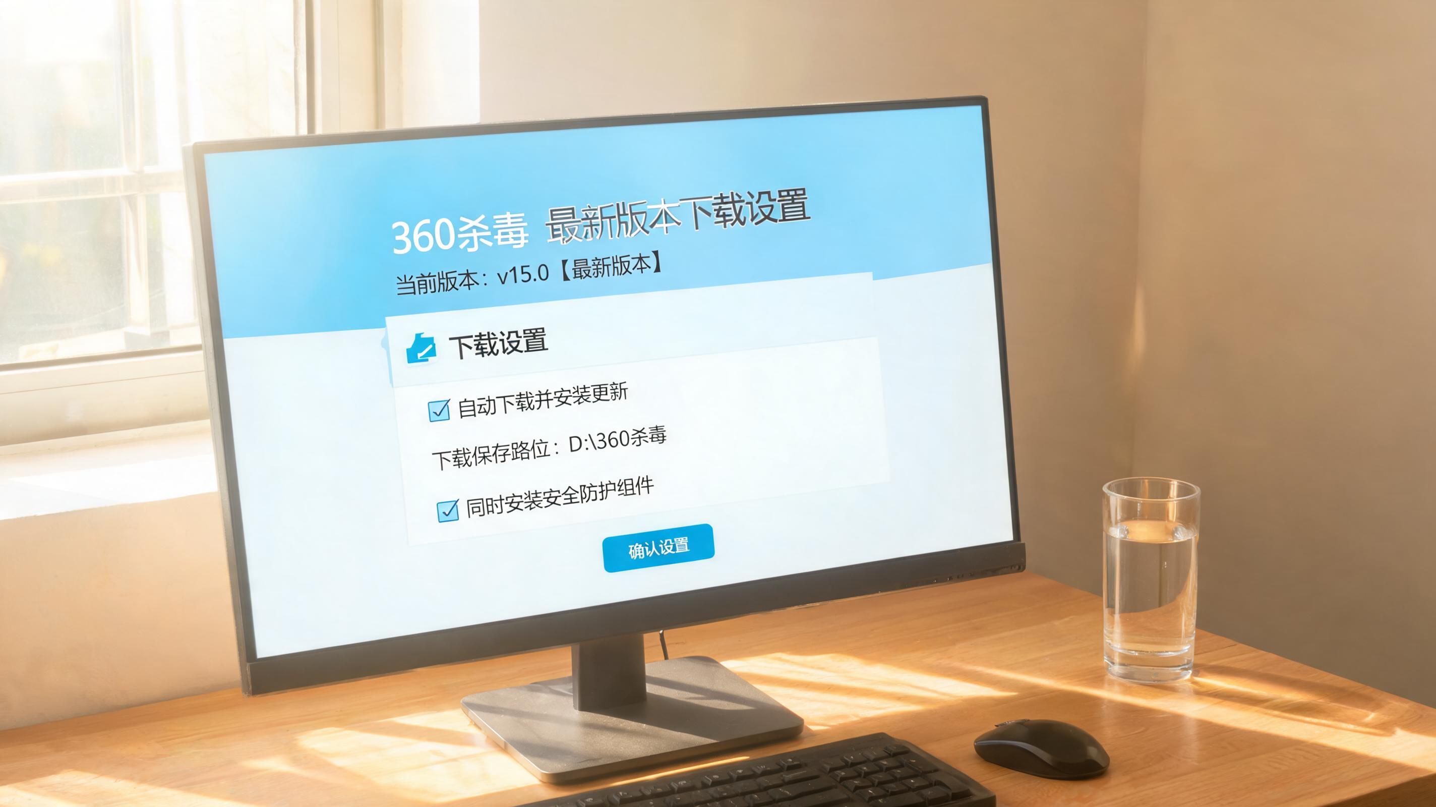 书桌上的电脑，屏幕显示360 杀毒最新版本下载设置界面，桌角放着水杯，自然光