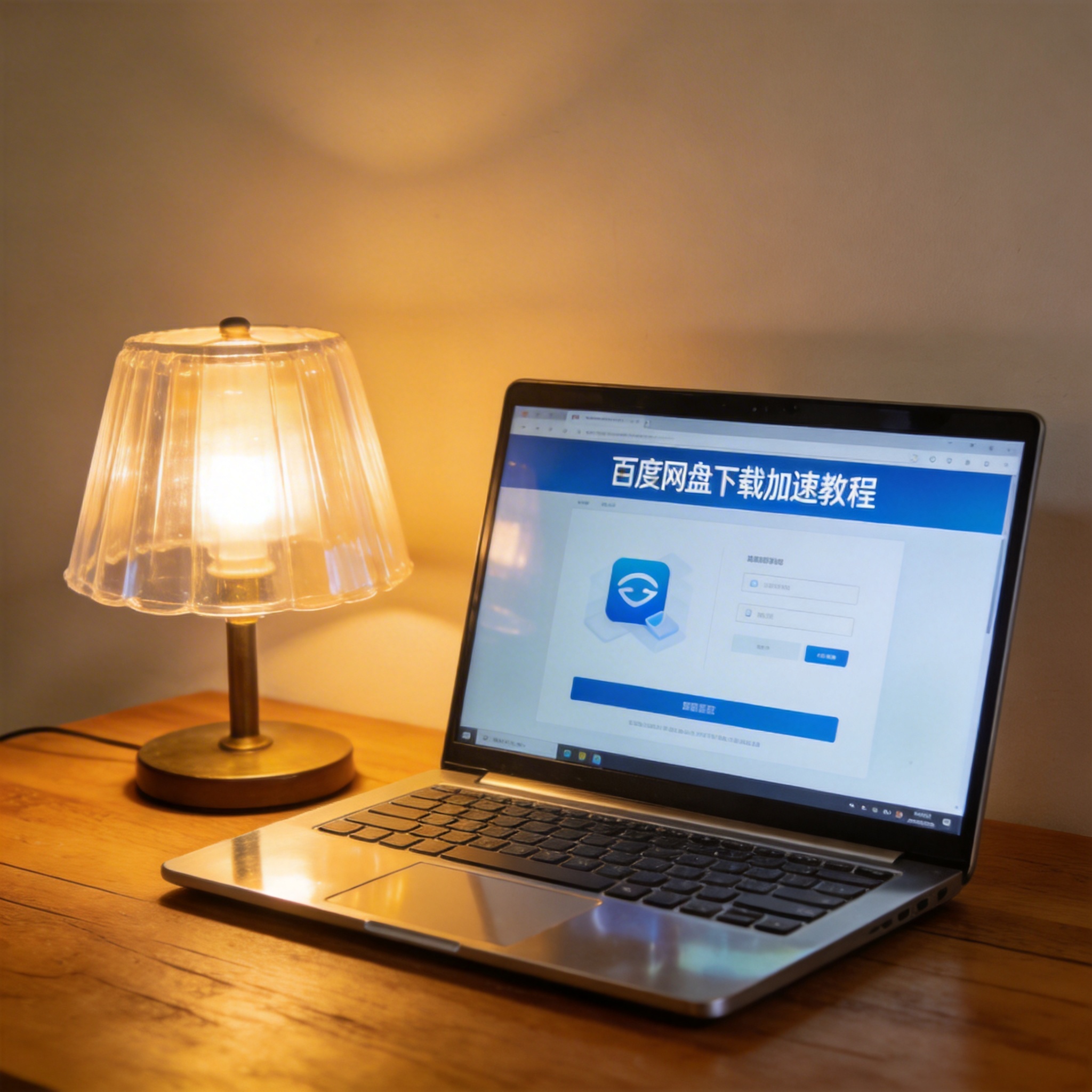电脑桌上的电脑，屏幕显示百度网盘下载加速教程界面，旁边放着台灯