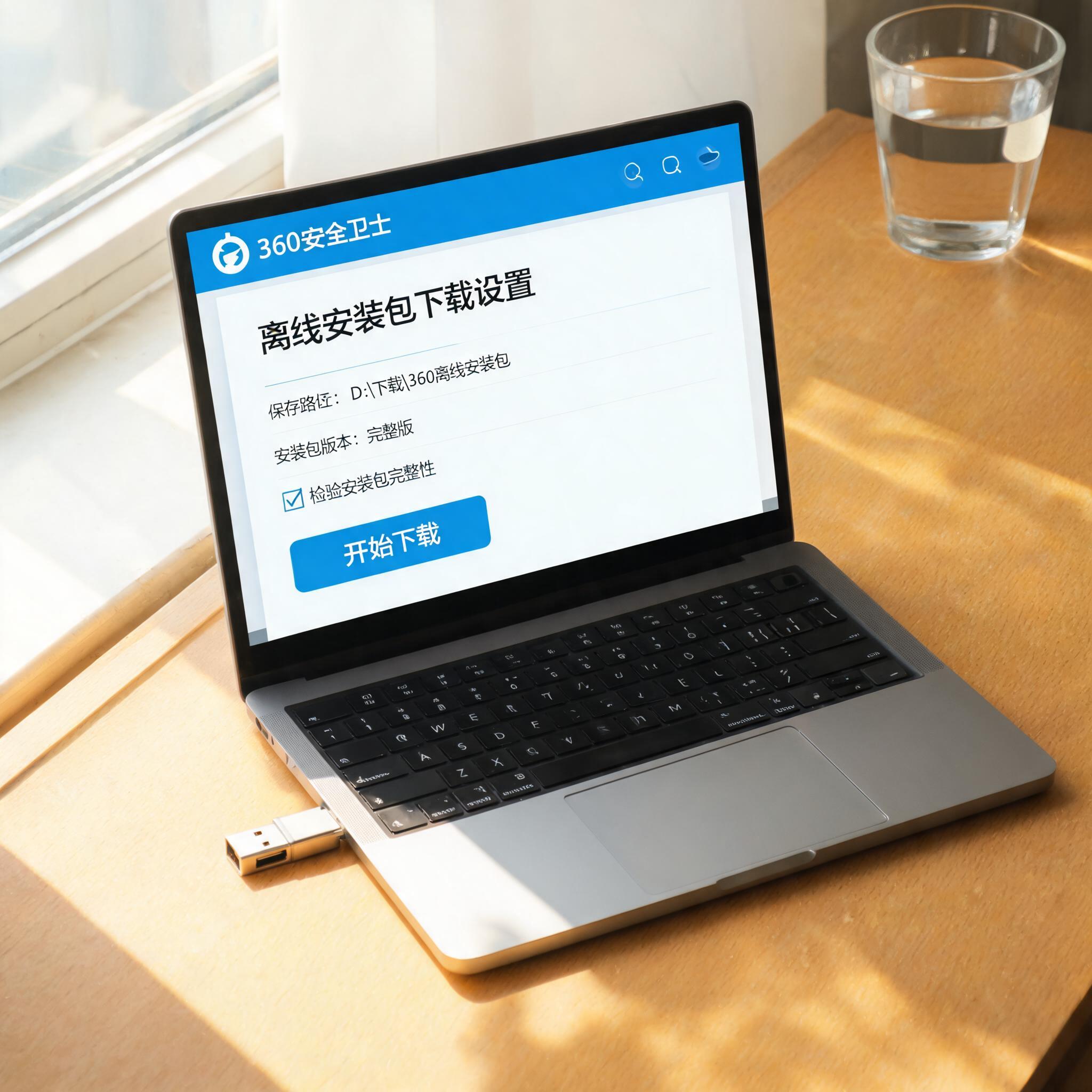 书桌上的U盘，屏幕显示360 安全卫士离线安装包下载设置界面，桌角放着水杯，自然光