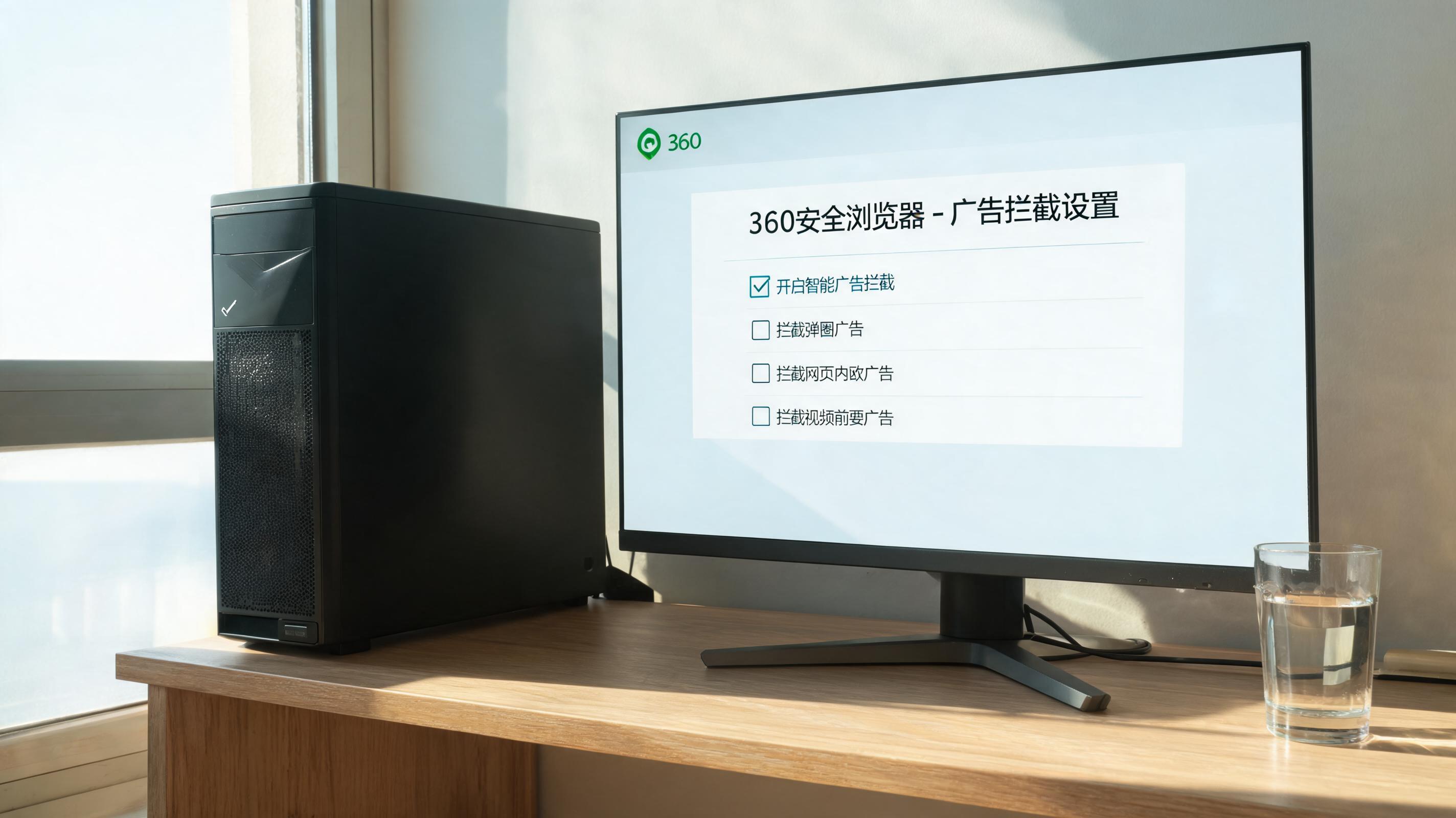书桌上的主机，屏幕显示360 安全浏览器广告拦截设置界面，桌角放着水杯，自然光