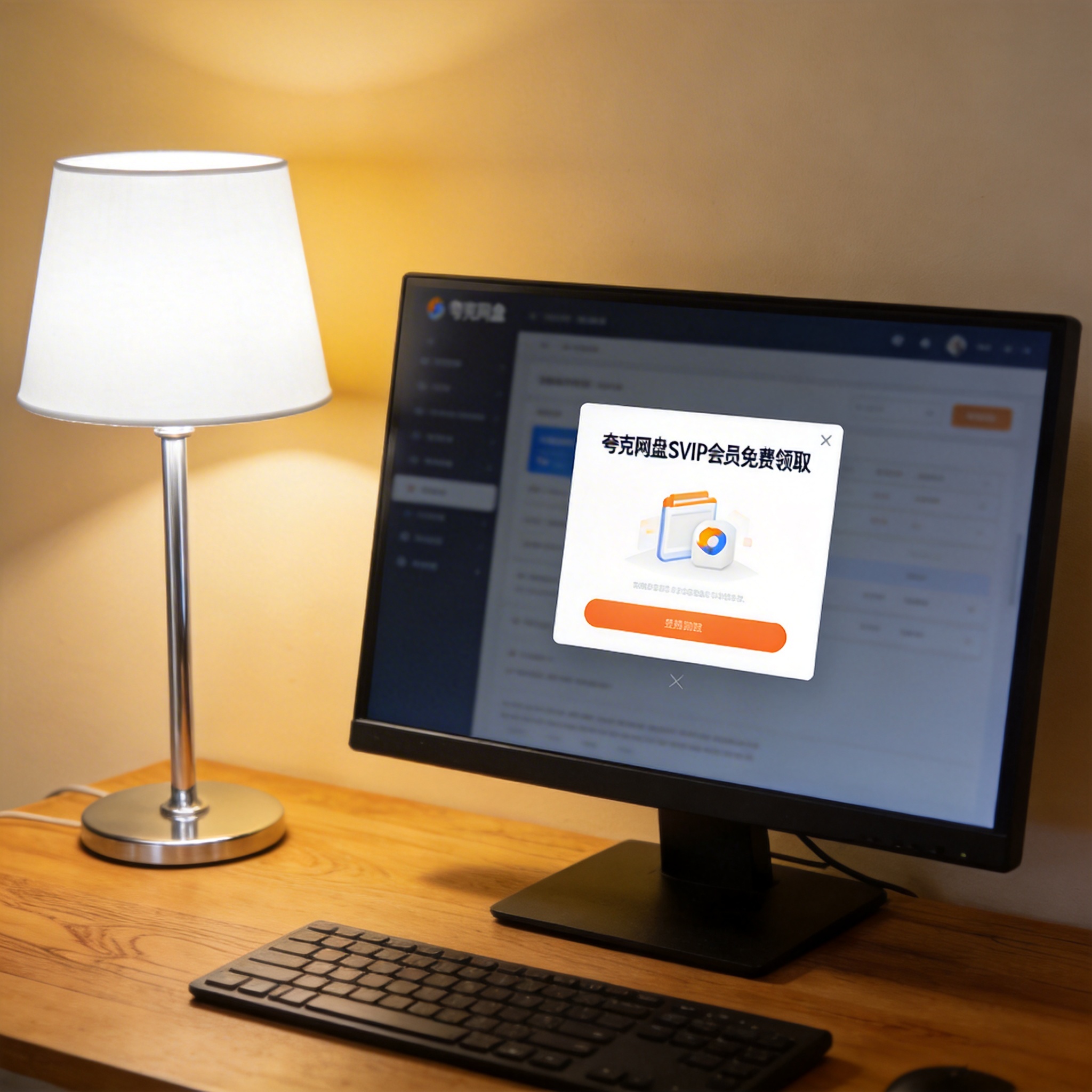 电脑桌上的电脑，屏幕显示夸克网盘 SVIP 会员免费领取窗口，旁边放着台灯