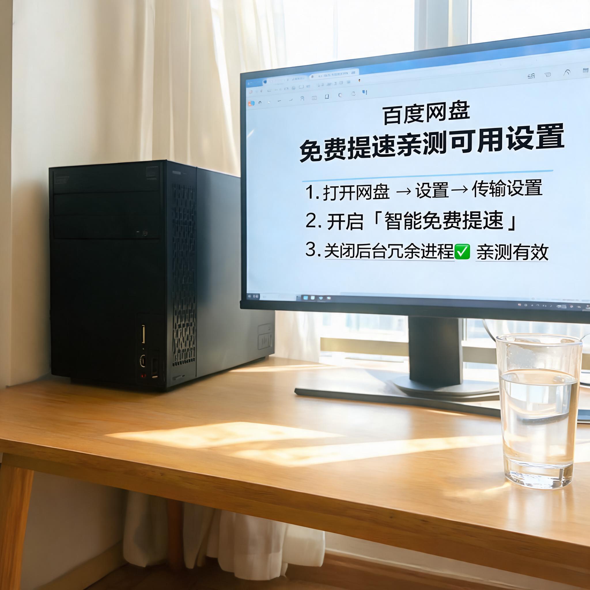 书桌上的主机，屏幕显示百度网盘免费提速亲测可用设置界面，桌角放着水杯，自然光