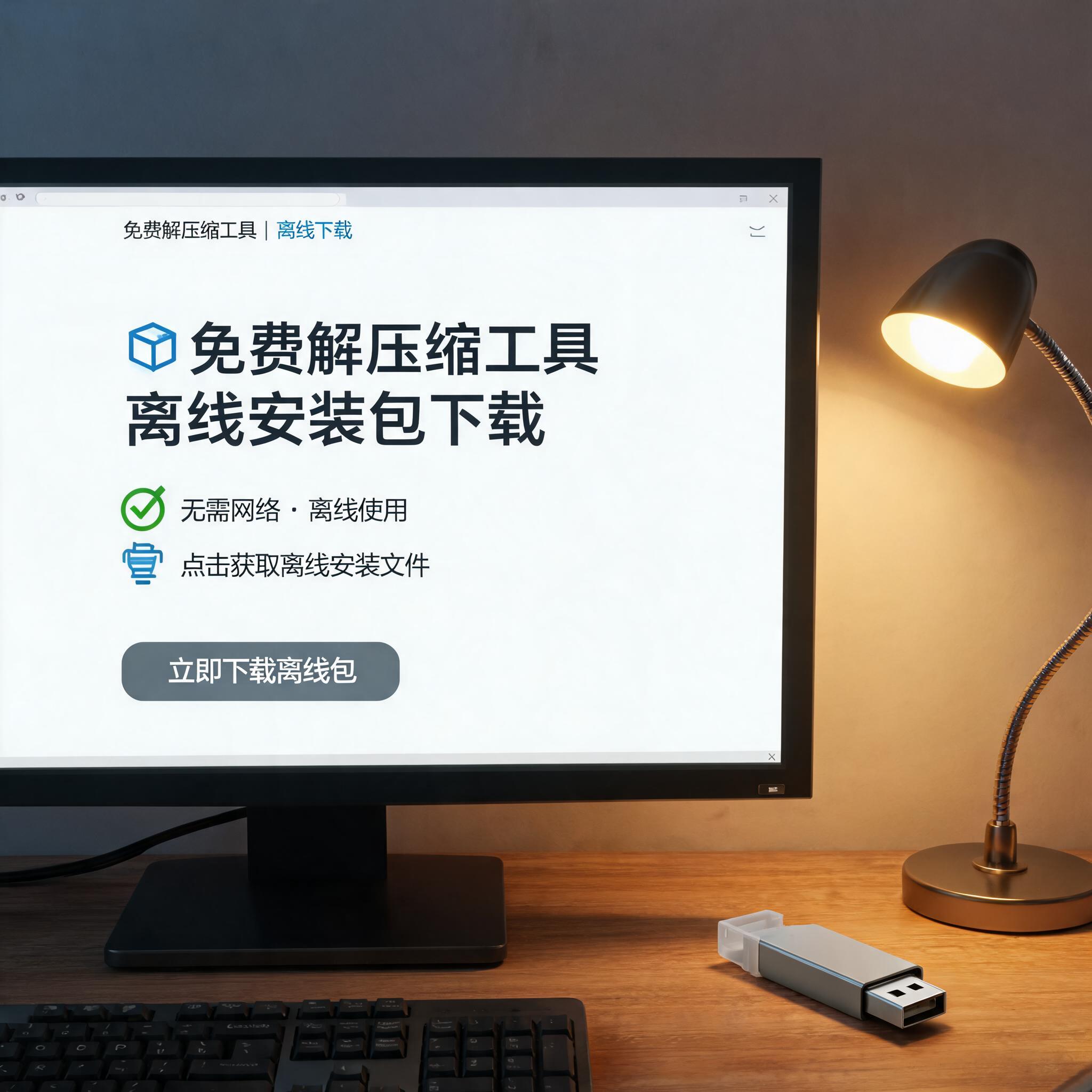 电脑桌上的U盘，屏幕显示免费解压缩工具离线下载界面，旁边放着台灯