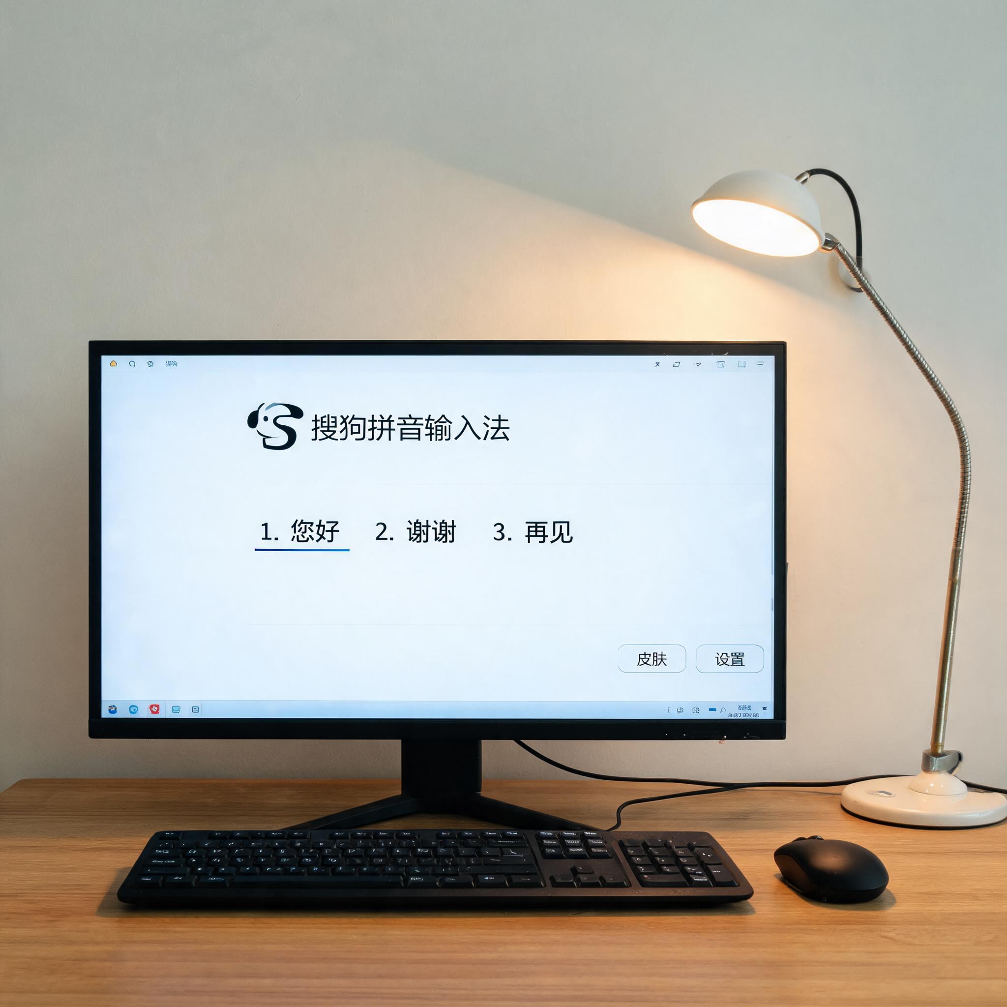 电脑桌上的电脑，屏幕显示搜狗拼音输入法界面，旁边放着台灯