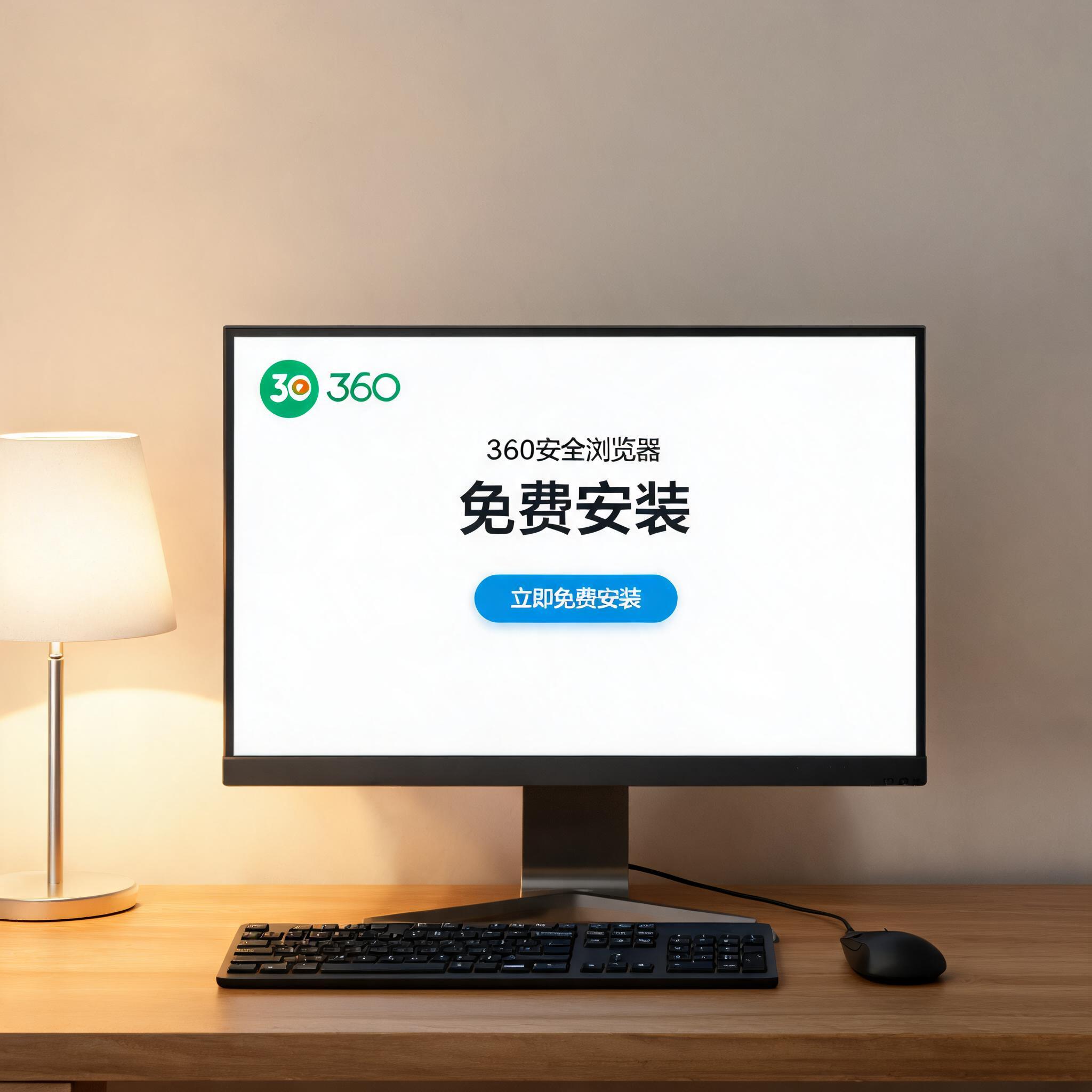 电脑桌上的电脑，屏幕显示360 浏览器免费安装界面，旁边放着台灯