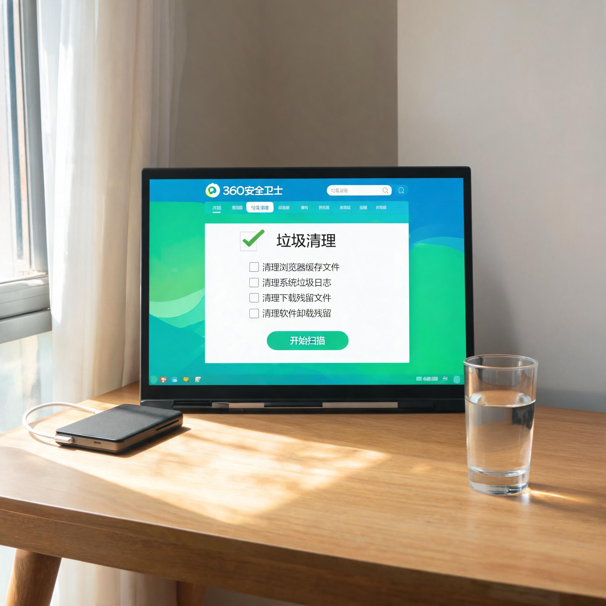 书桌上的硬盘，屏幕显示360 安全卫士垃圾清理设置界面，桌角放着水杯，自然光
