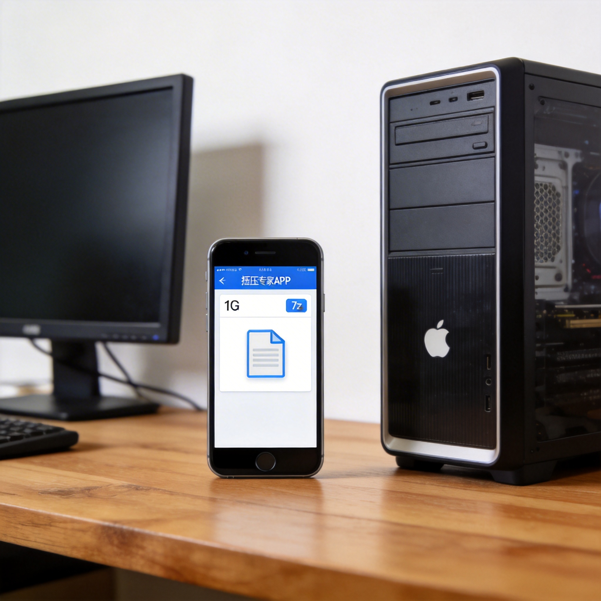 电脑桌的苹果手机，屏幕显示解压专家APP界面，里面有1G大小的7z文件，旁边放着台式电脑，室内自然光
