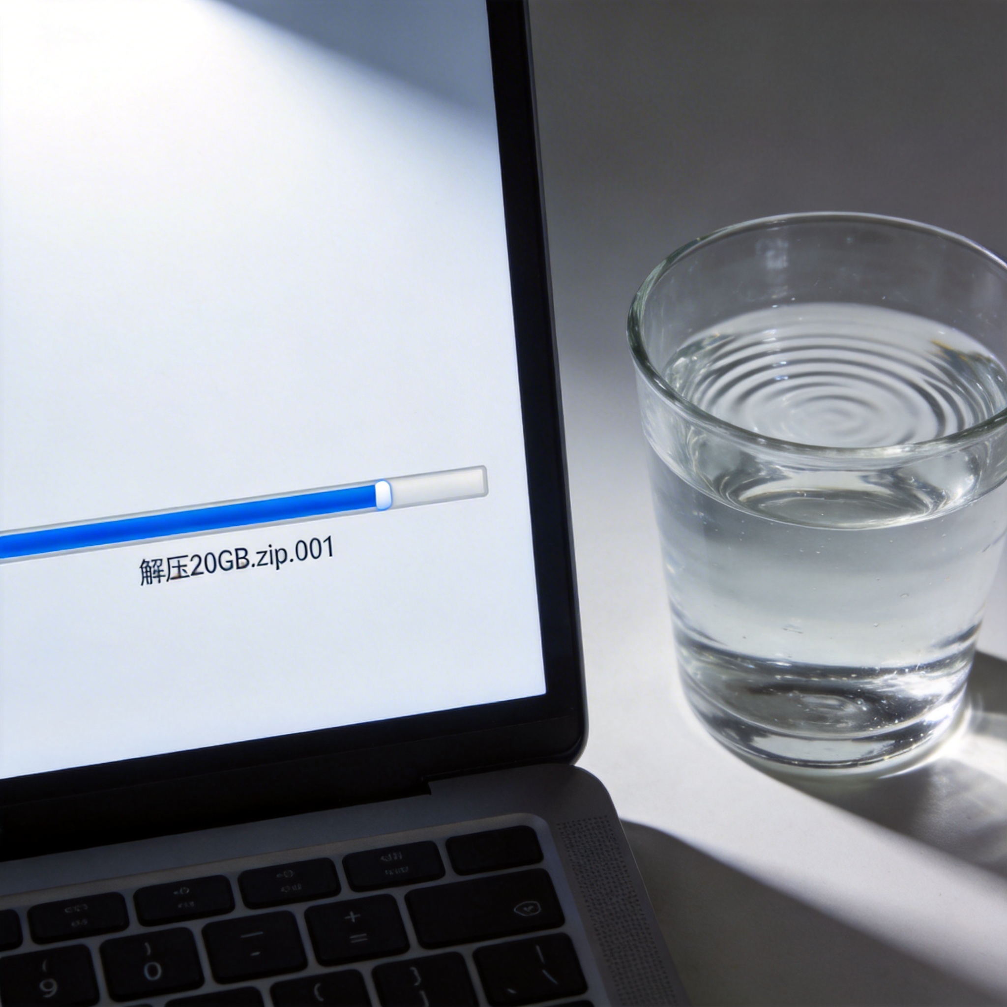 电脑屏幕显示解压进度条，正在解压20GB的zip分卷压缩文件，桌面放着半玻璃杯温水，屏幕光照亮桌面局部