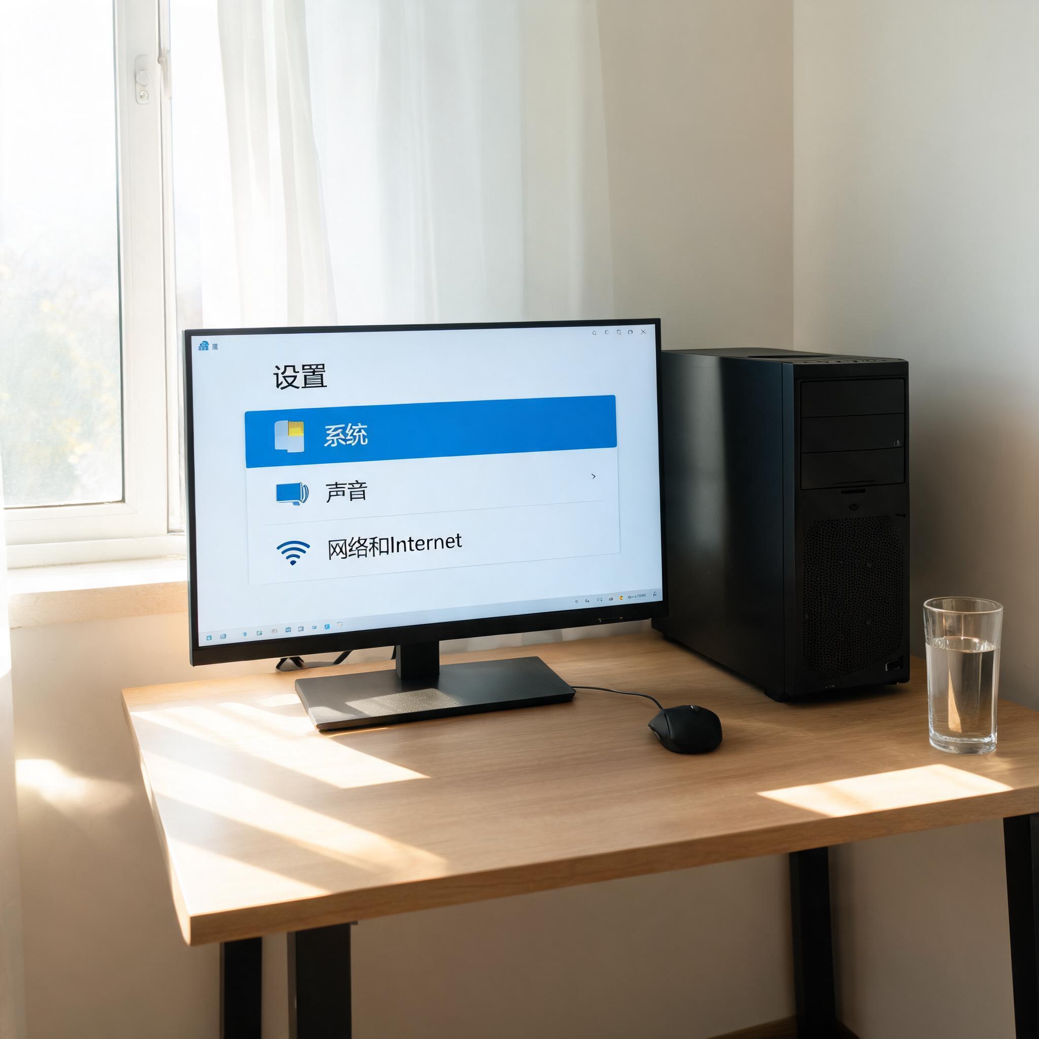 书桌上的主机，屏幕显示Windows设置界面，桌角放着水杯，自然光