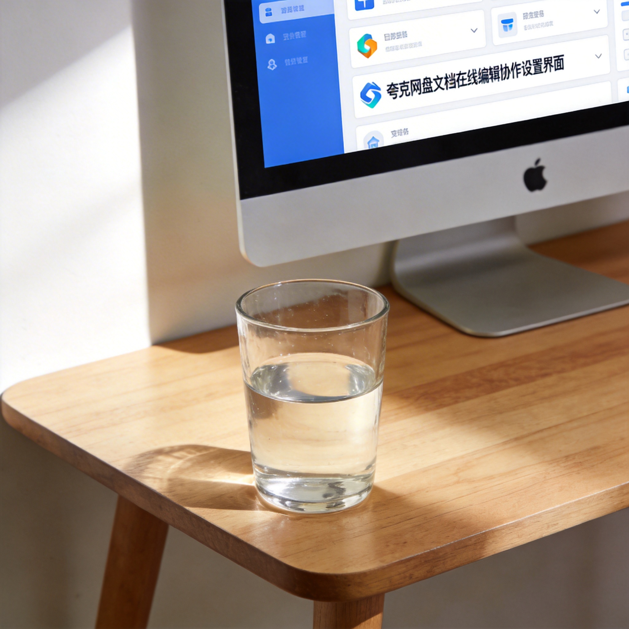 书桌上的主机，屏幕显示夸克网盘文档在线编辑协作设置界面，桌角放着水杯，自然光
