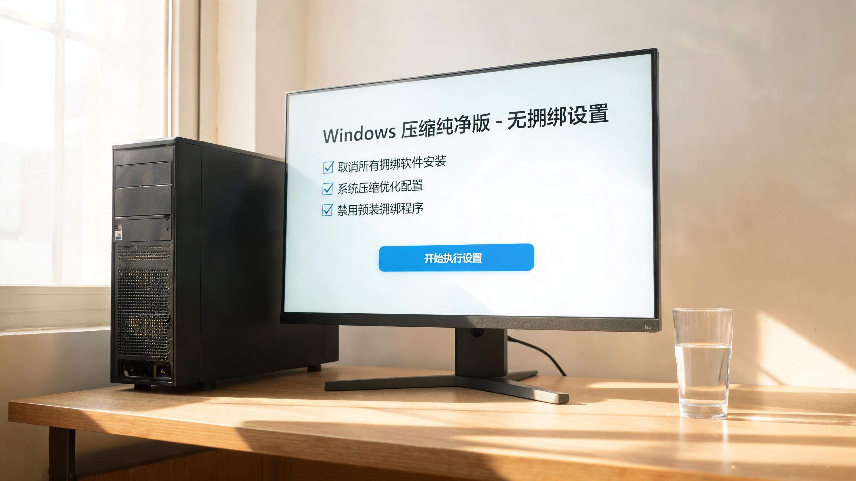 书桌上的主机，屏幕显示win 压缩纯净版无捆绑设置界面，桌角放着水杯，自然光
