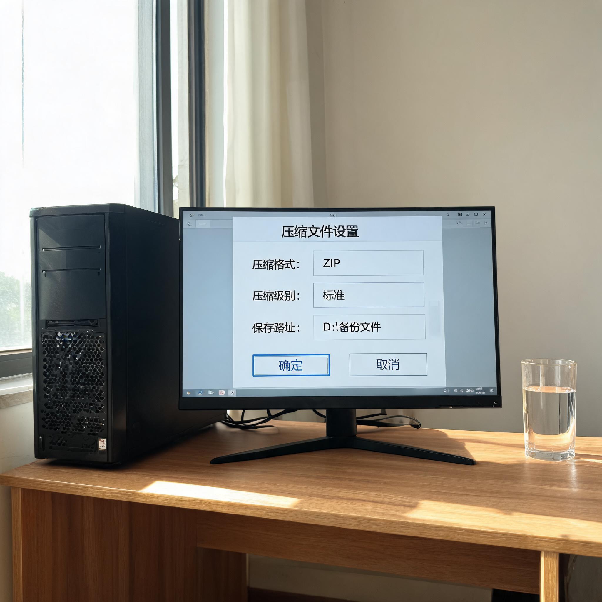 书桌上的主机，屏幕显示文件压缩设置界面，桌角放着水杯，自然光