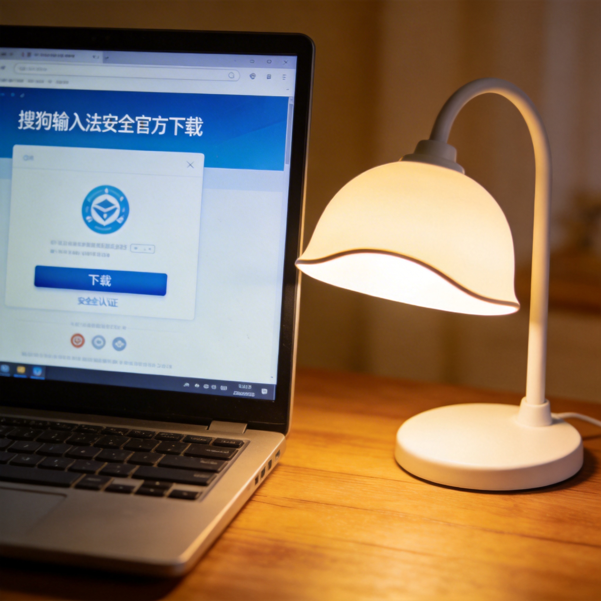 电脑桌上的电脑，屏幕显示搜狗输入法安全官方下载界面，旁边放着台灯