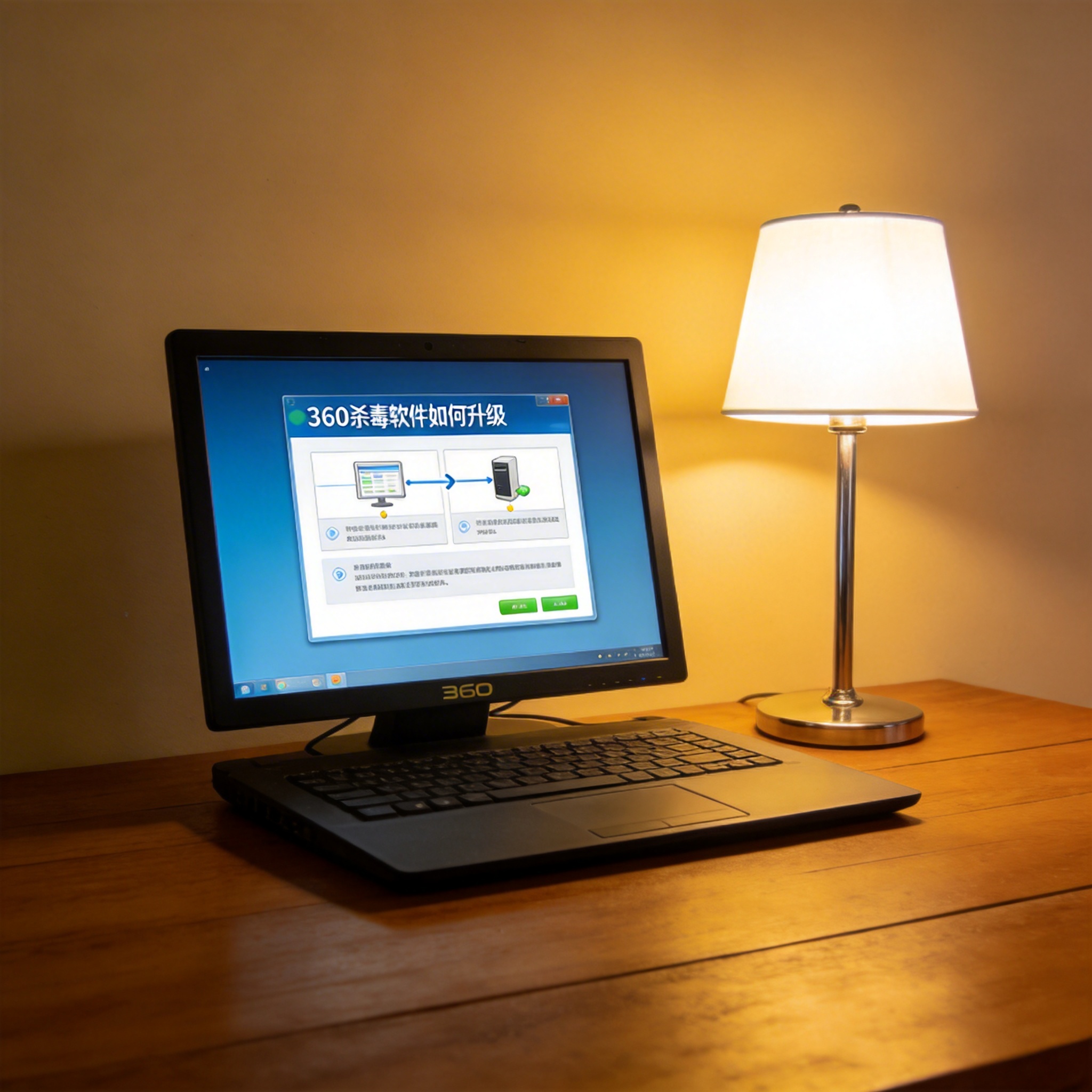 电脑桌上的电脑，屏幕显示360 杀毒软件如何升级界面，旁边放着台灯