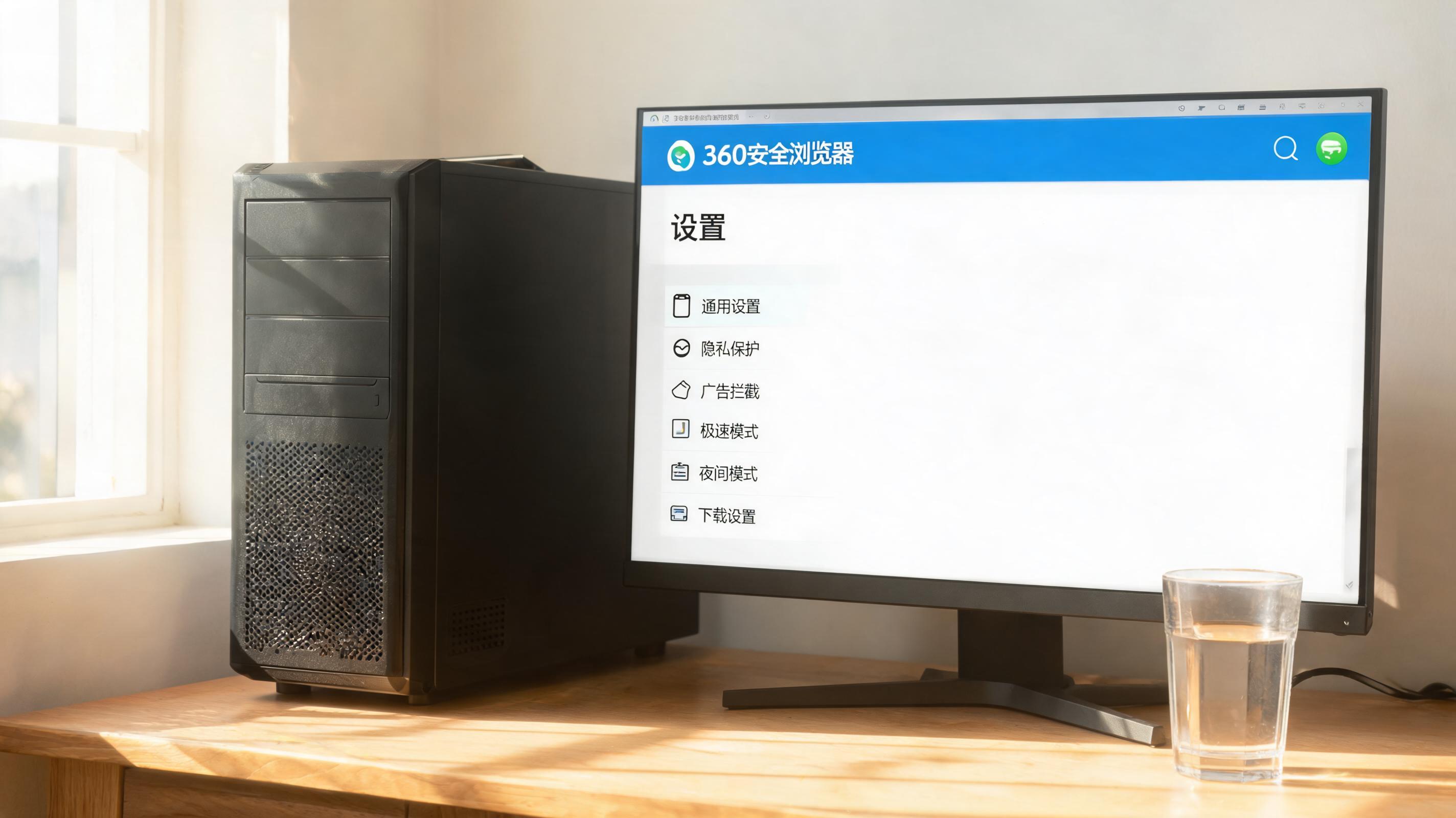 书桌上的主机，屏幕显示手机版 360 安全浏览器设置界面，桌角放着水杯，自然光