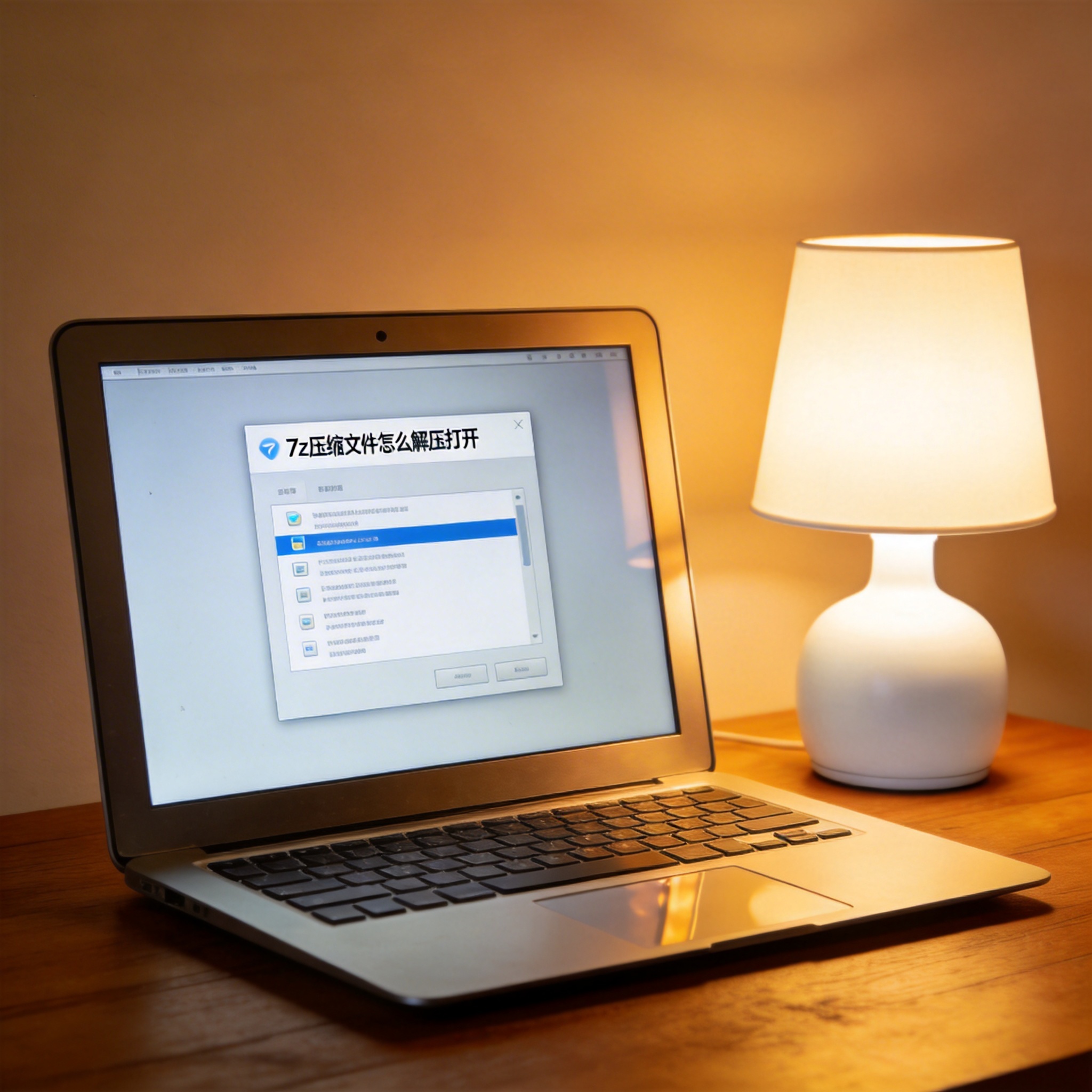 电脑桌上的电脑，屏幕显示7z 压缩文件怎么解压打开菜单，旁边放着台灯