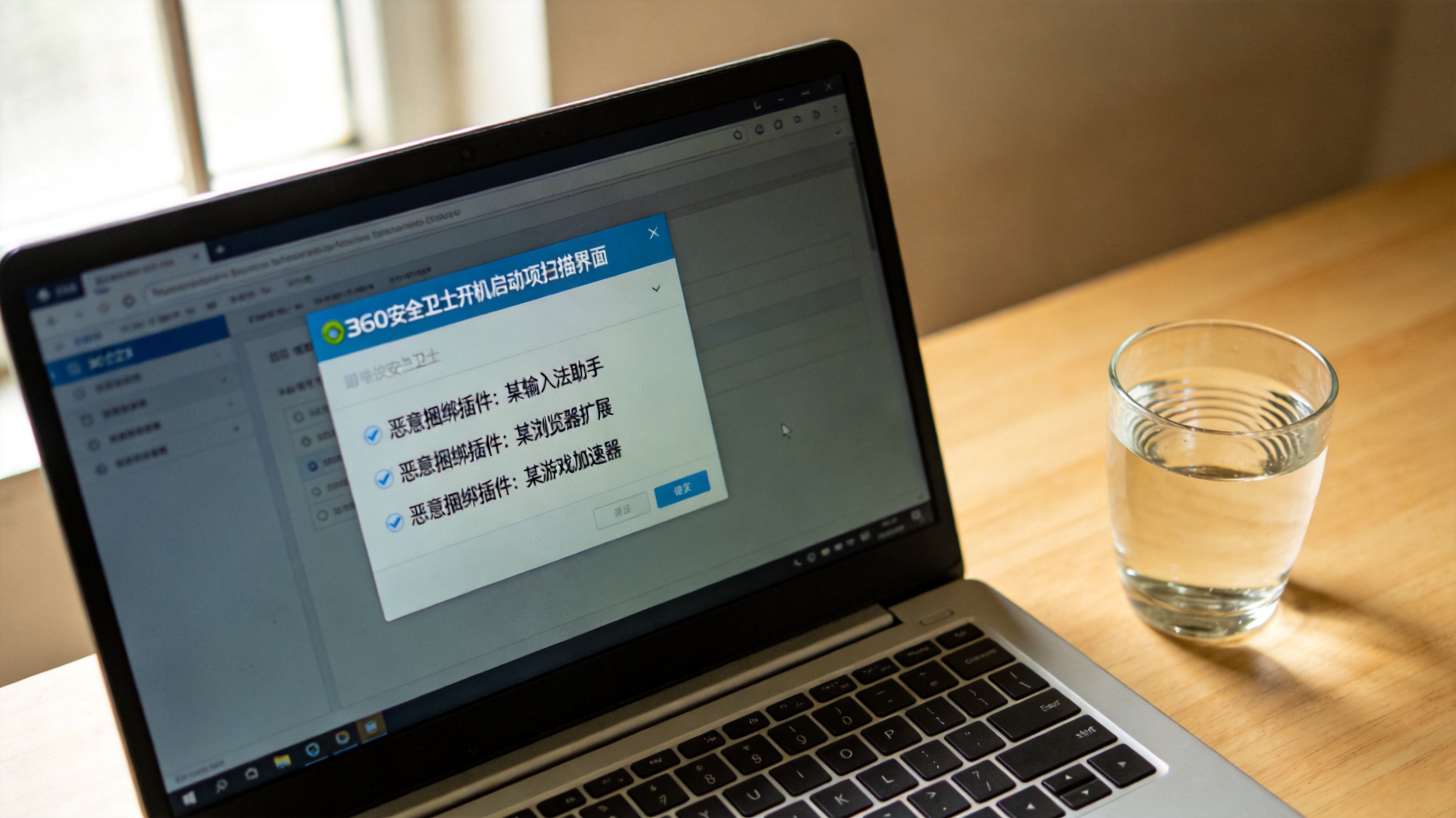 电脑桌面，屏幕显示360安全卫士开机启动项扫描界面，标注出3个恶意捆绑插件，旁边放着半杯温水，室内自然光