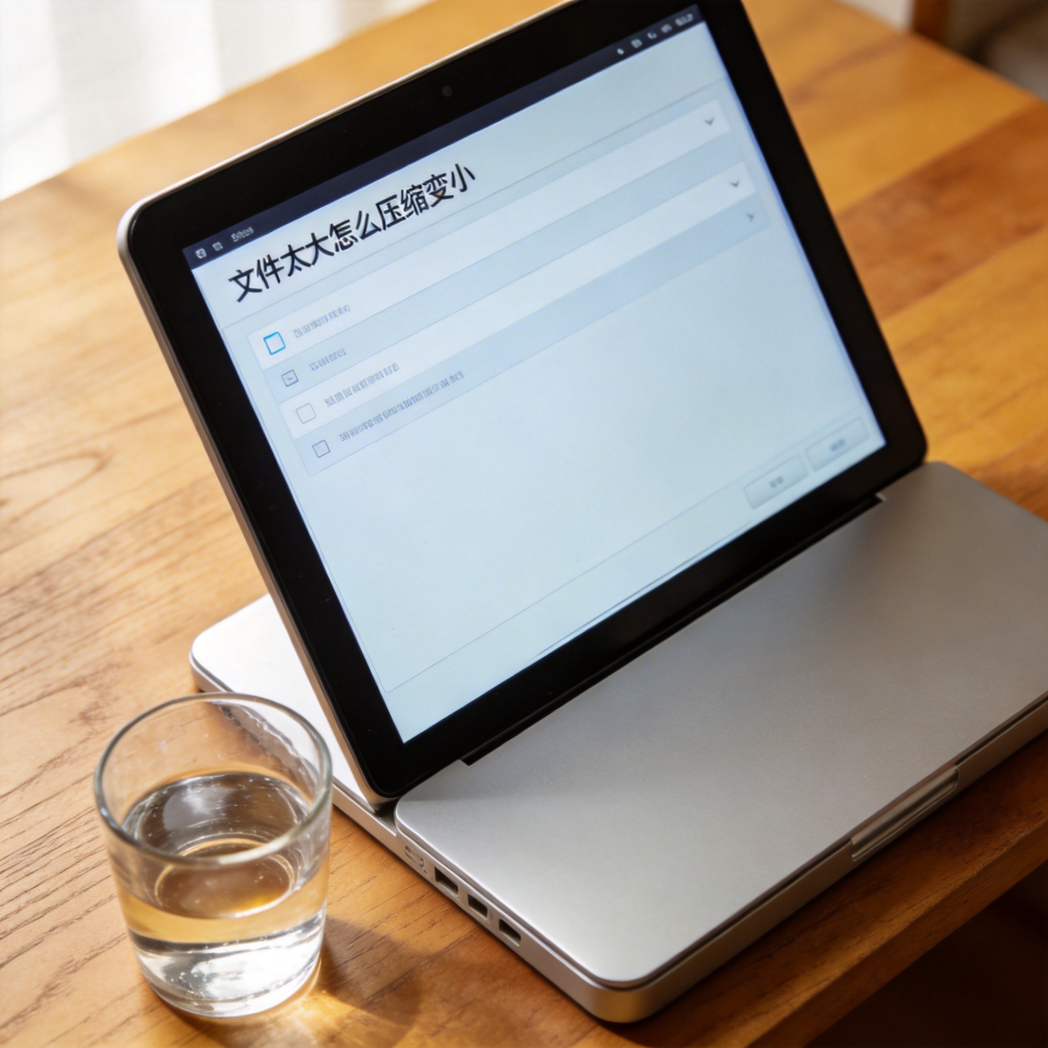 书桌上的主机，屏幕显示文件太大怎么压缩变小设置界面，桌角放着水杯，自然光