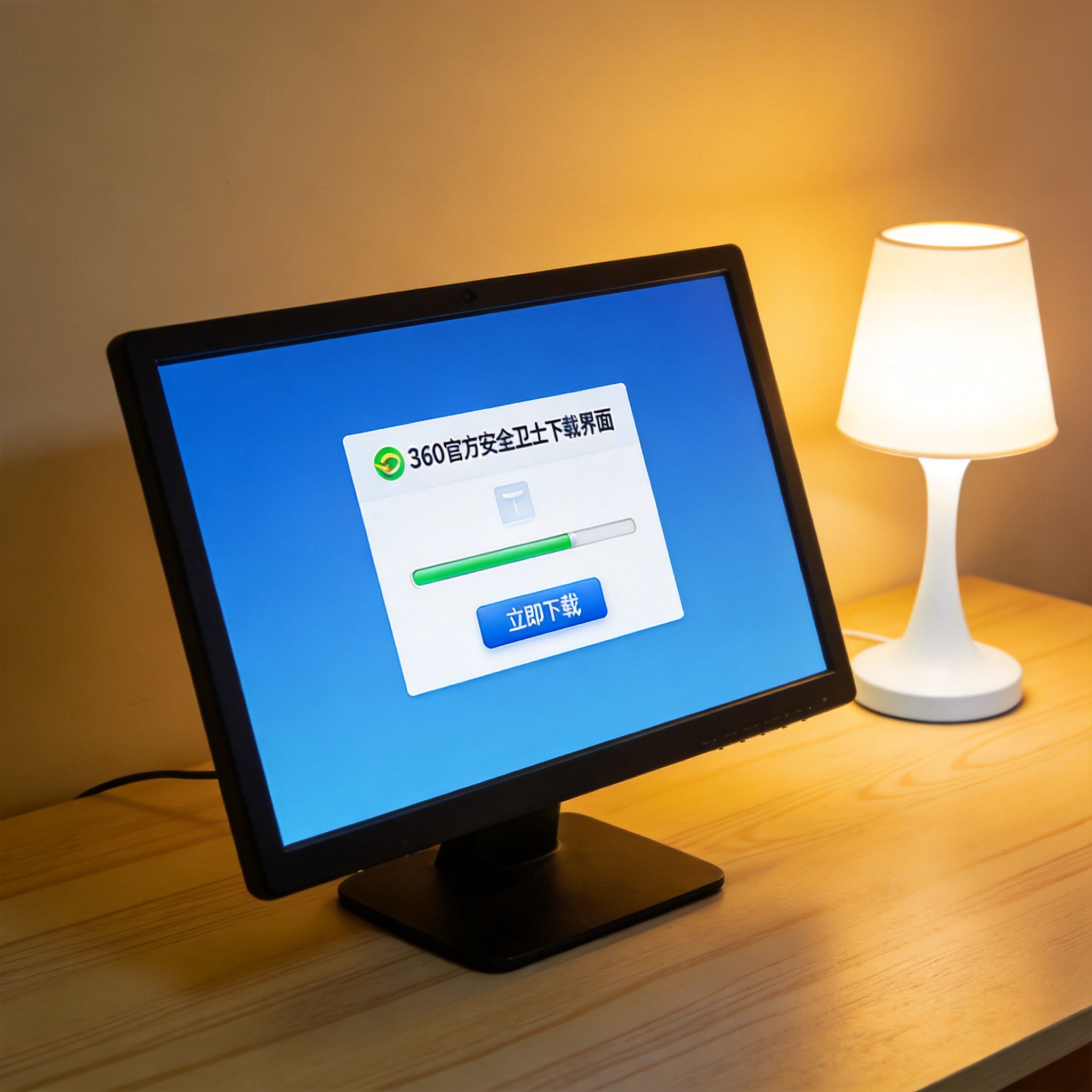 电脑桌上的电脑，屏幕显示360 官方安全卫士下载界面，旁边放着台灯