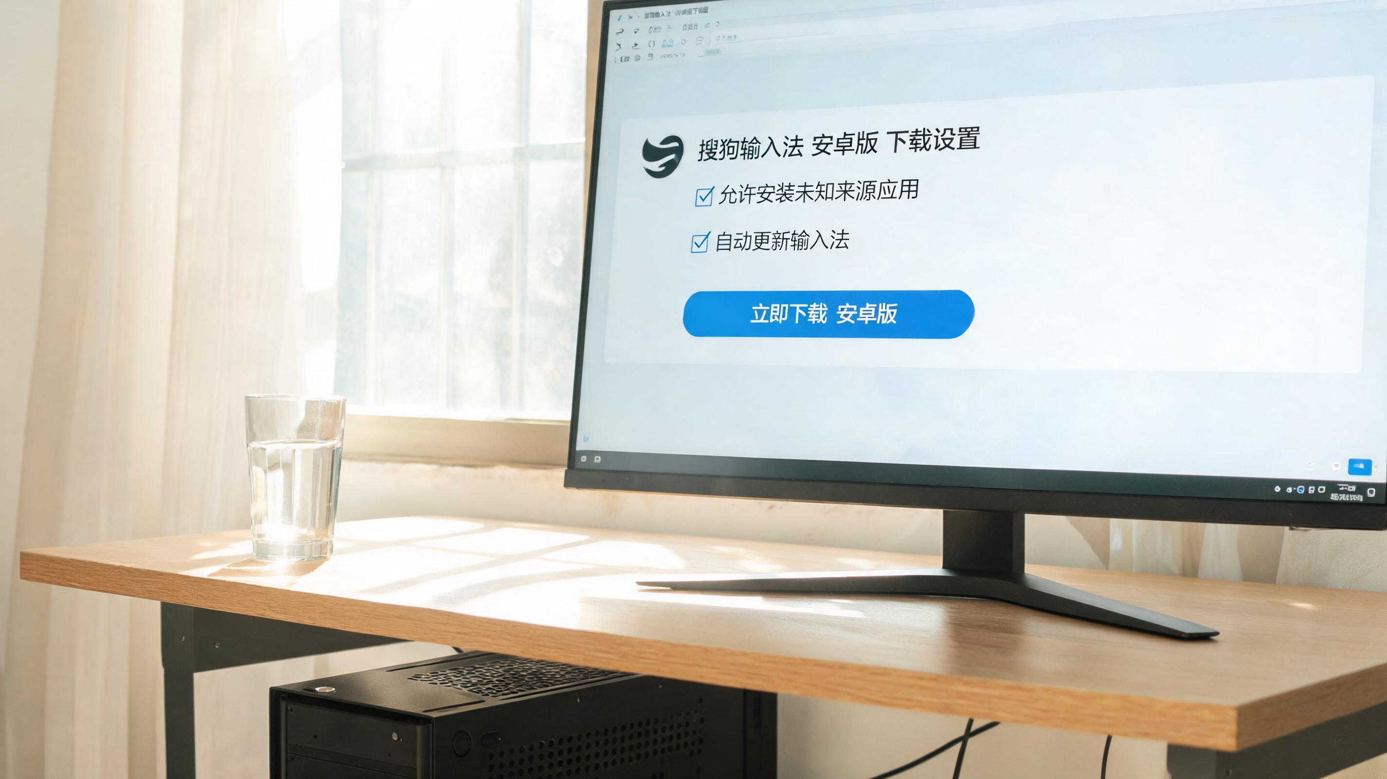 书桌上的主机，屏幕显示搜狗输入法安卓版下载设置界面，桌角放着水杯，自然光