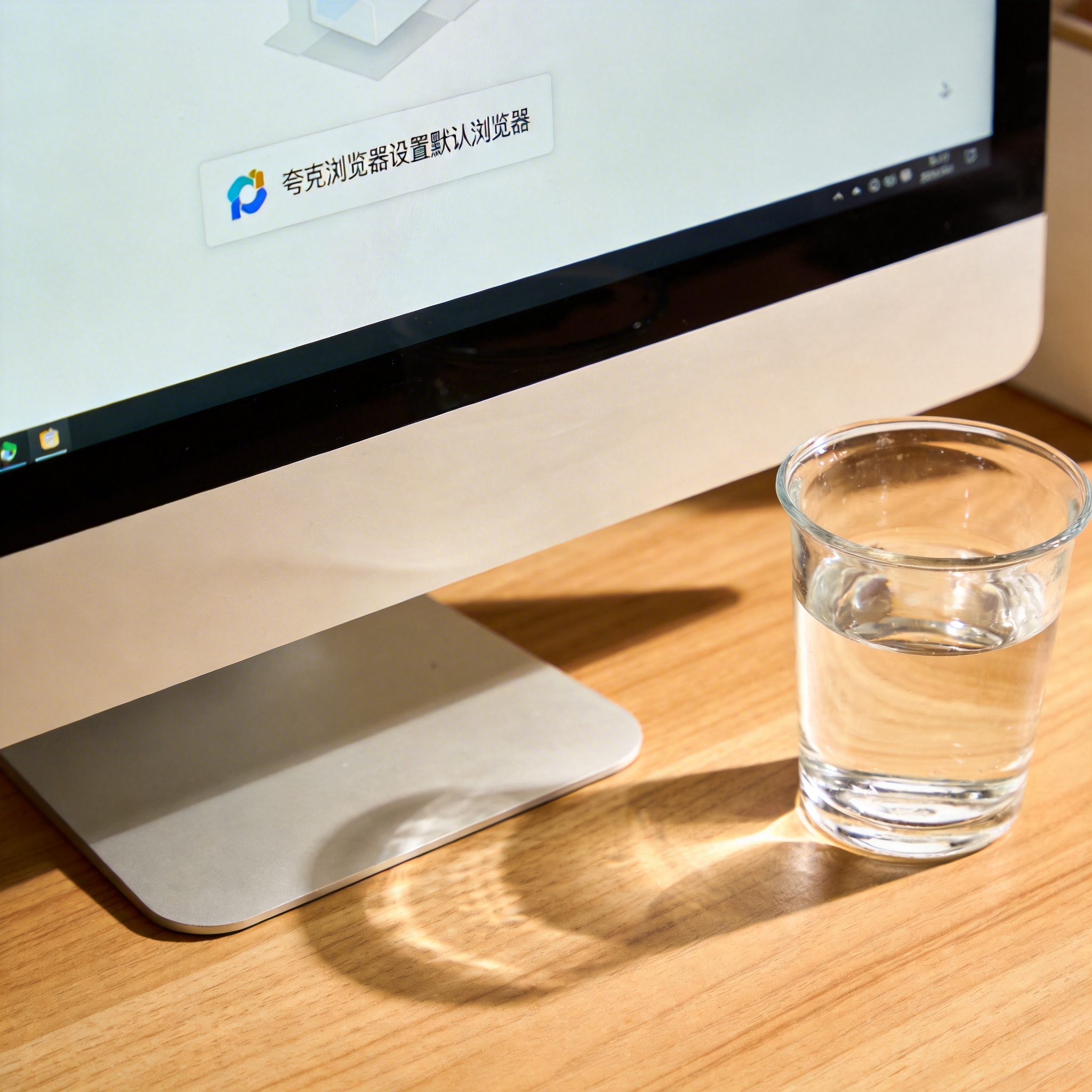 书桌上的主机，屏幕显示夸克浏览器怎么设置默认浏览器设置界面，桌角放着水杯，自然光