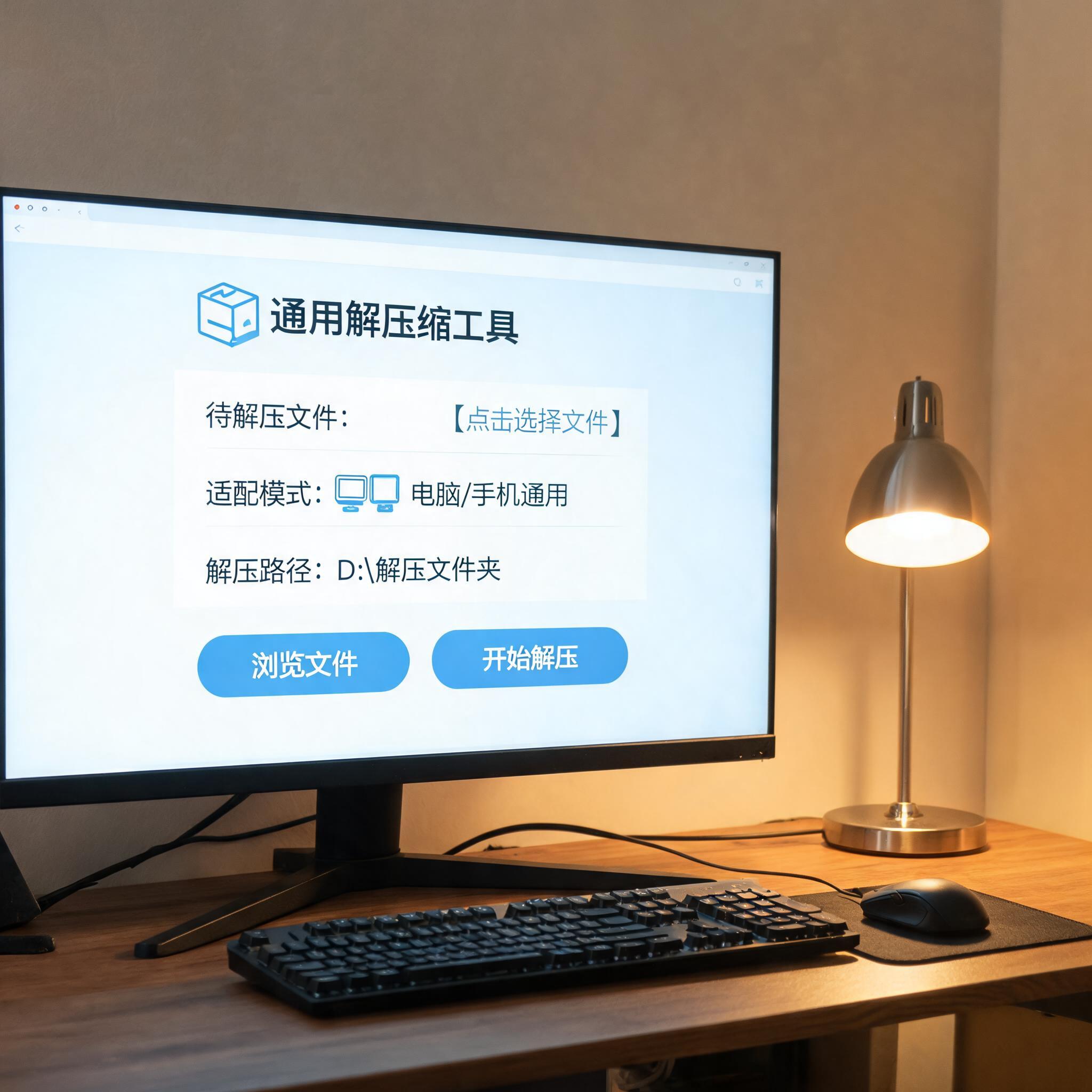 电脑桌上的电脑，屏幕显示电脑手机通用解压缩工具界面，旁边放着台灯