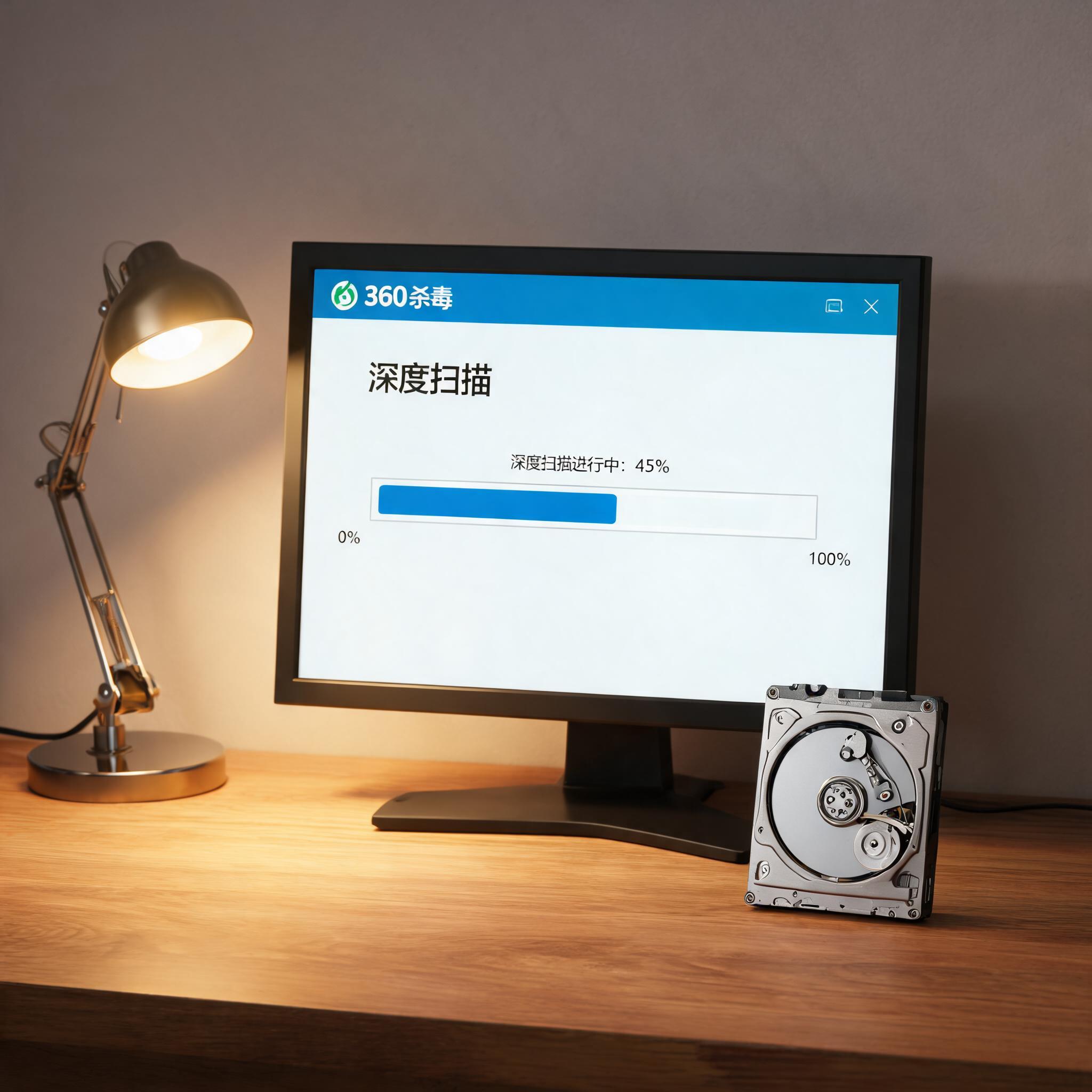 电脑桌上的硬盘，屏幕显示360 杀毒软件深度扫描进度条，旁边放着台灯