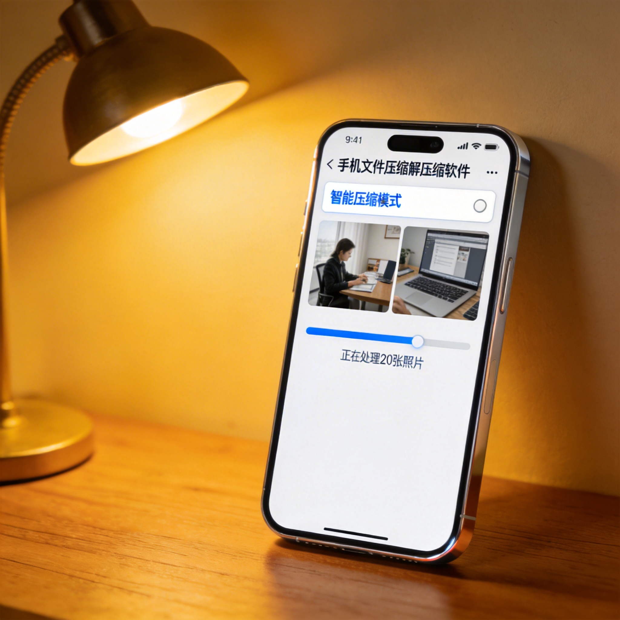 书桌的智能手机，屏幕显示手机文件压缩解压缩软件的智能压缩模式选项，正在处理20张照片，台灯暖光