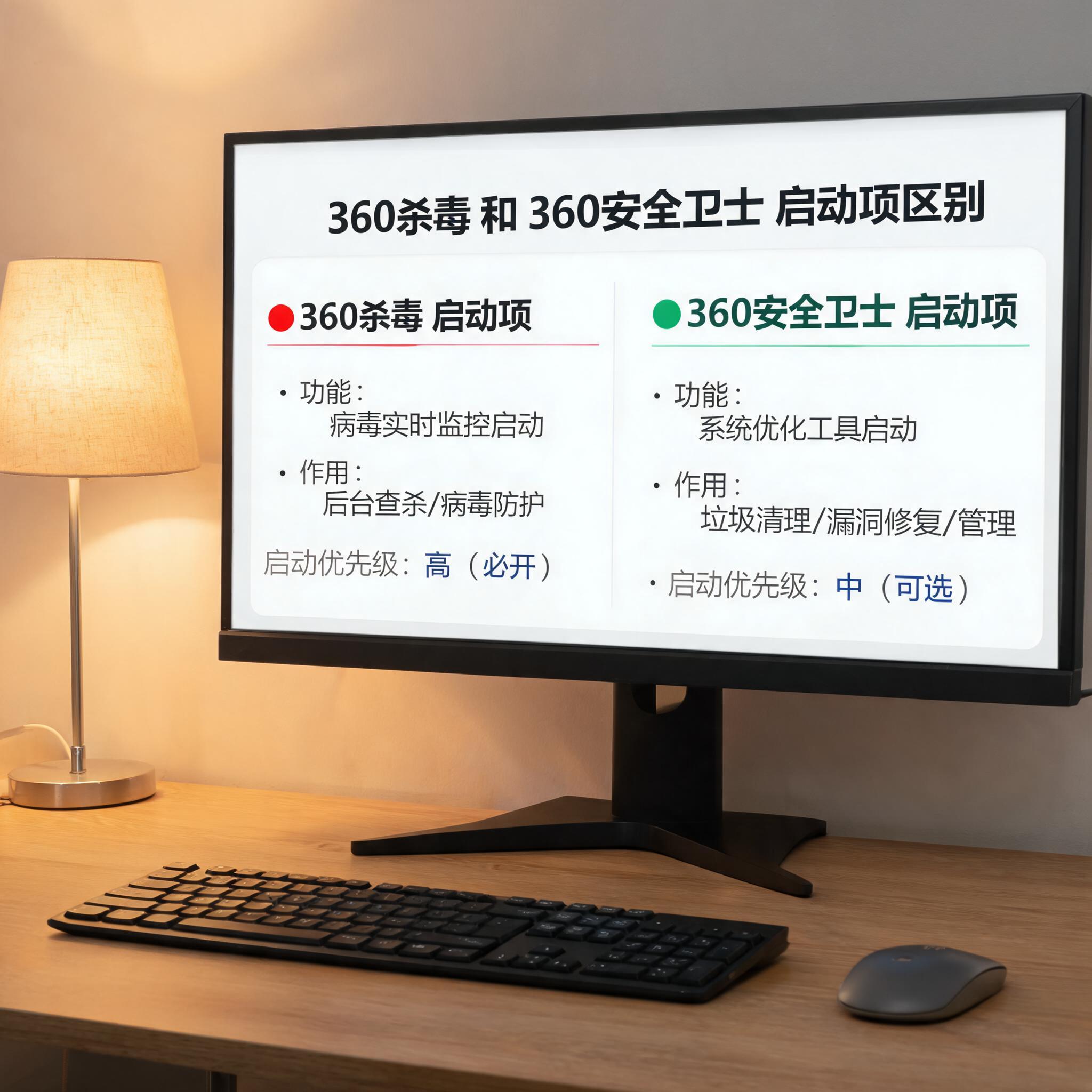 电脑桌上的电脑，屏幕显示360 杀毒和 360 安全卫士区别启动项，旁边放着台灯
