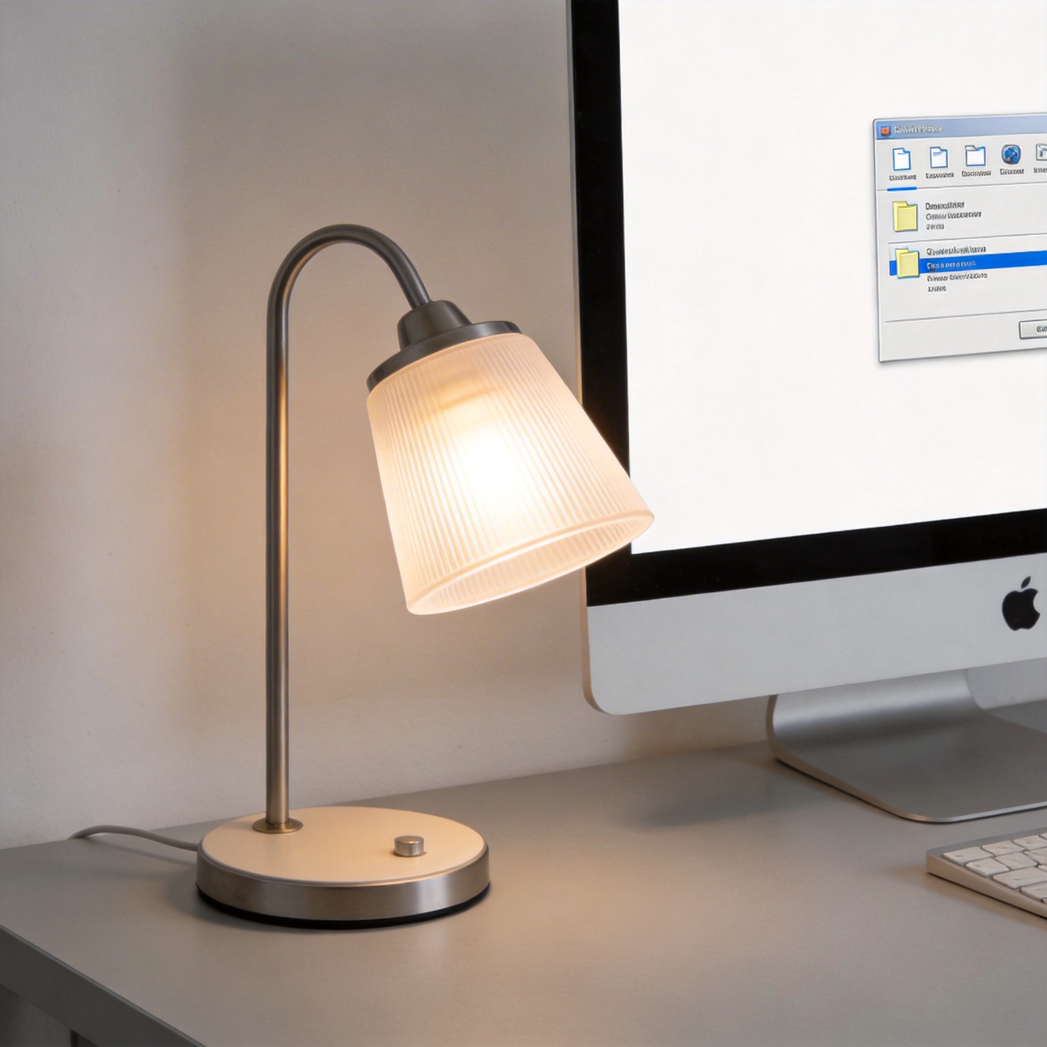 电脑桌上的电脑，屏幕显示文件压缩界面，旁边放着台灯