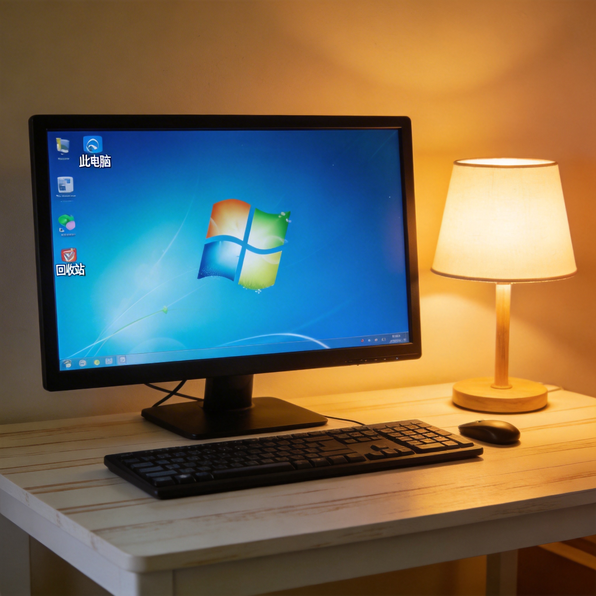 电脑桌上的电脑，屏幕显示Windows界面，旁边放着台灯