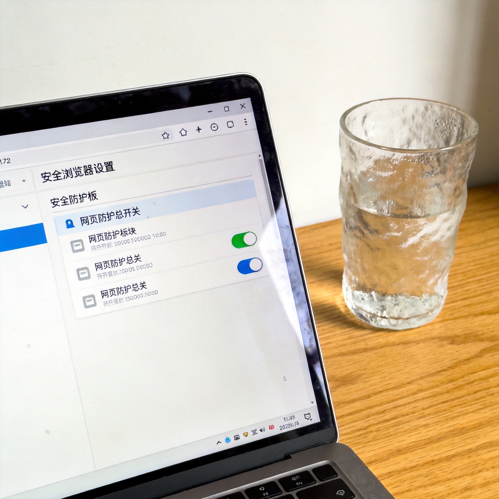 电脑桌的电脑屏幕显示安全浏览器设置页面，安全防护板块里网页防护总开关处于开启状态，旁边放着半杯温水，室内自然光