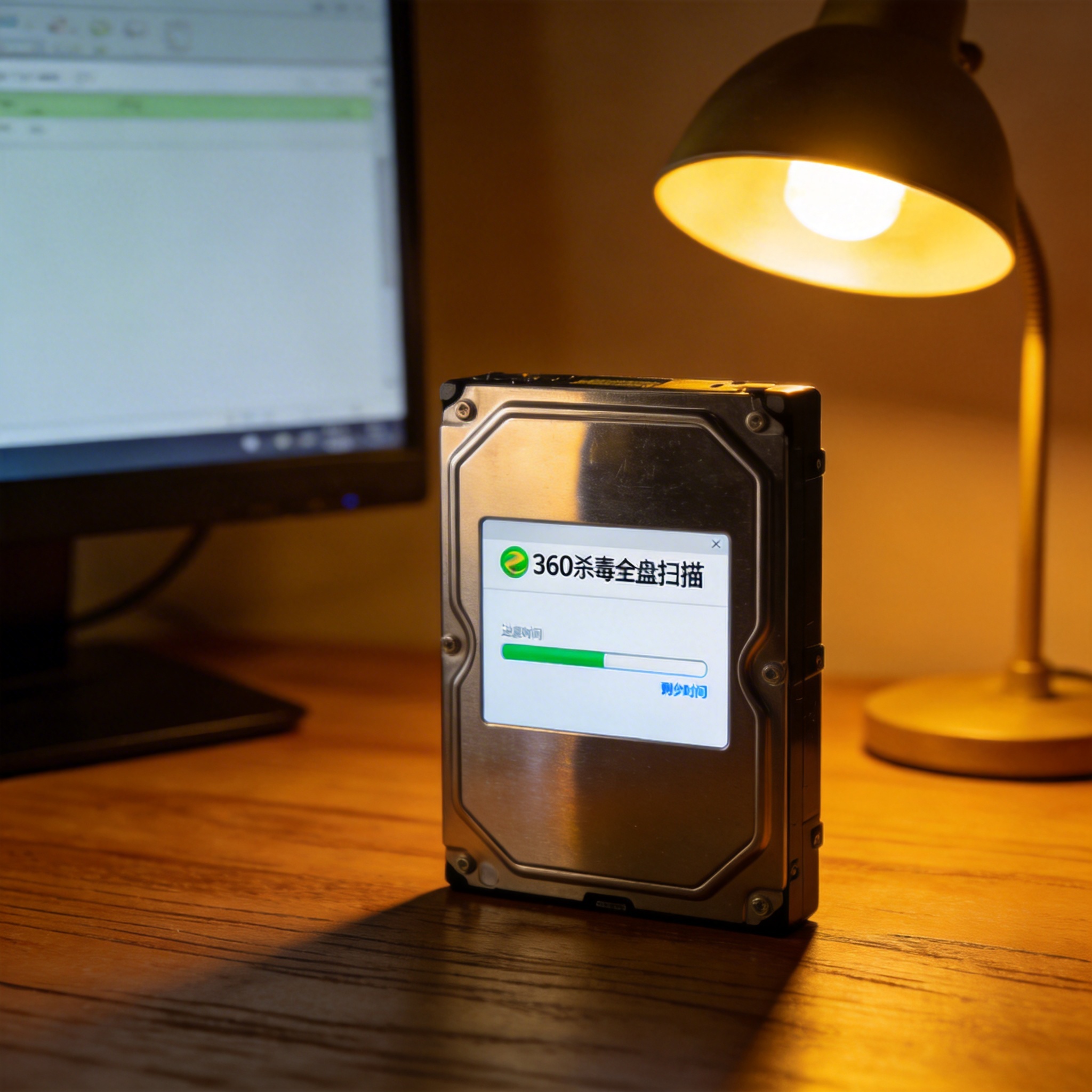 电脑桌上的硬盘，屏幕显示360 杀毒全盘扫描界面，旁边放着台灯