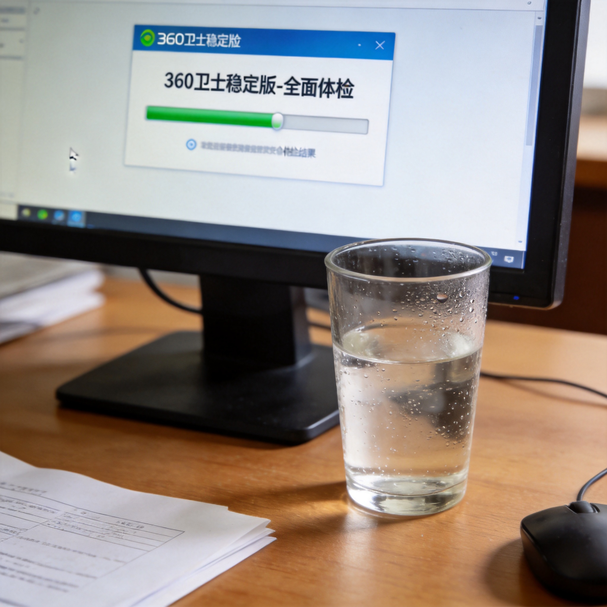 办公桌上的电脑，屏幕显示360卫士稳定版的全面体检界面，旁边放着一杯凉白开，室内自然光