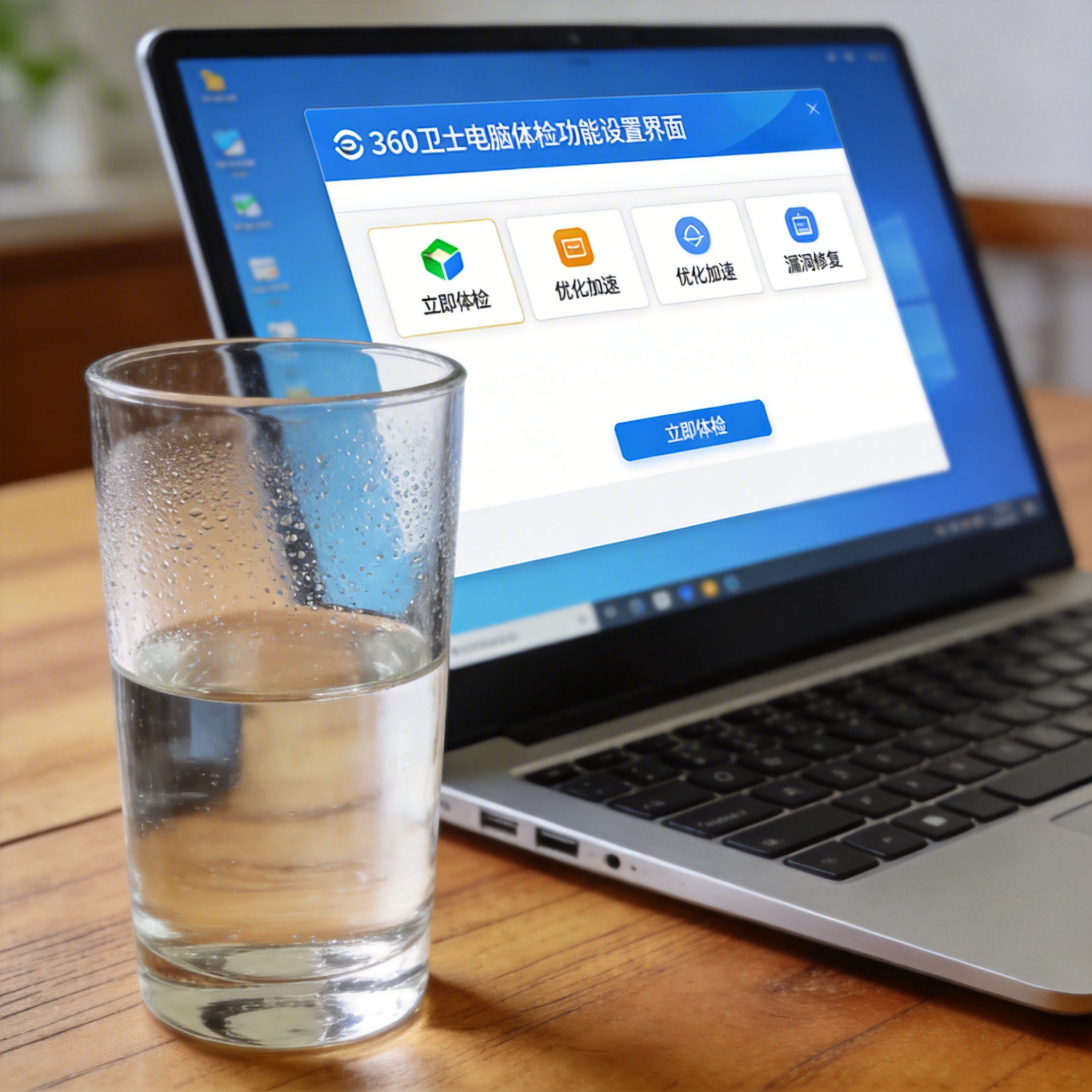 书桌上的笔记本，屏幕显示360 卫士电脑体检功能设置界面，桌角放着水杯，自然光