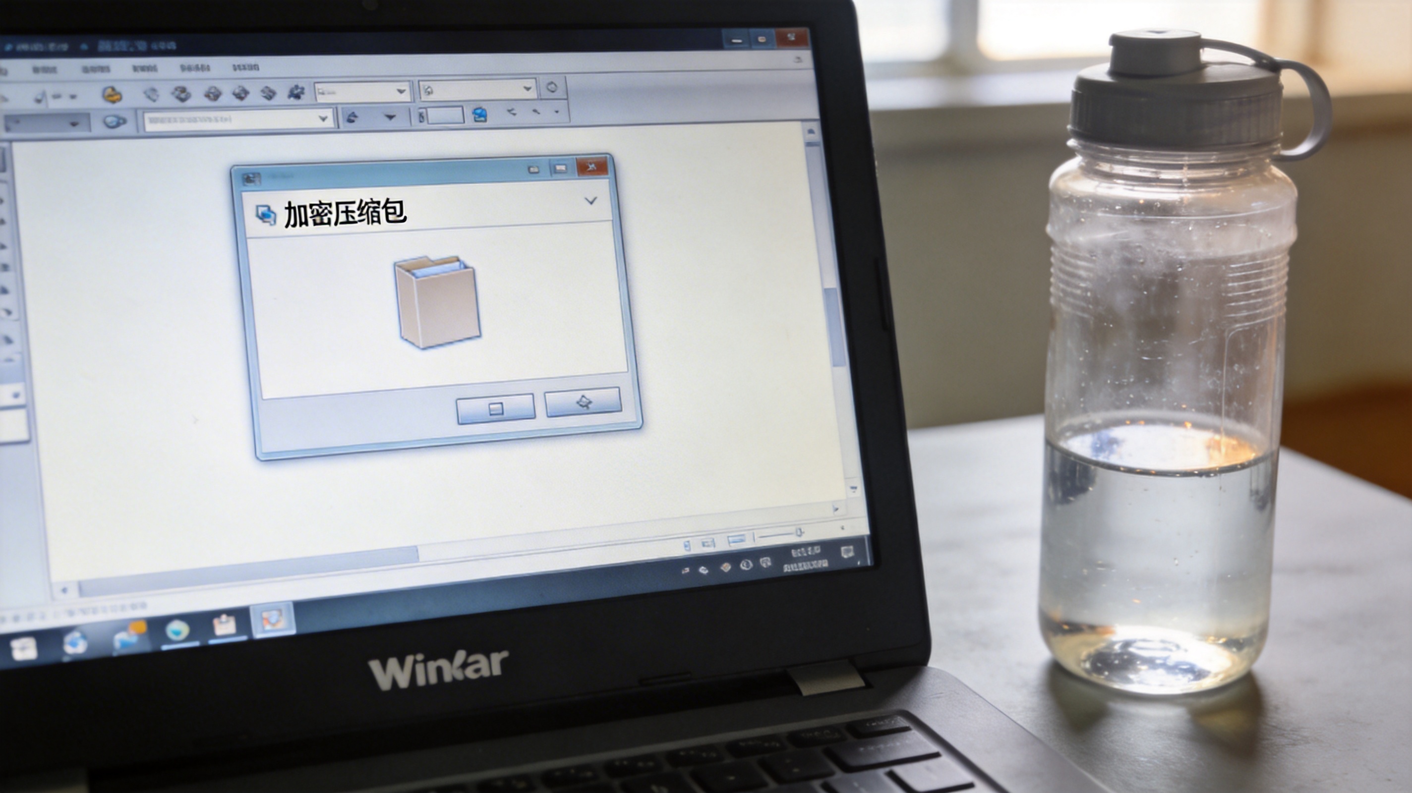 电脑桌面，屏幕显示WinRAR软件界面，打开着加密压缩包，旁边放着半透明塑料水杯，室内自然光