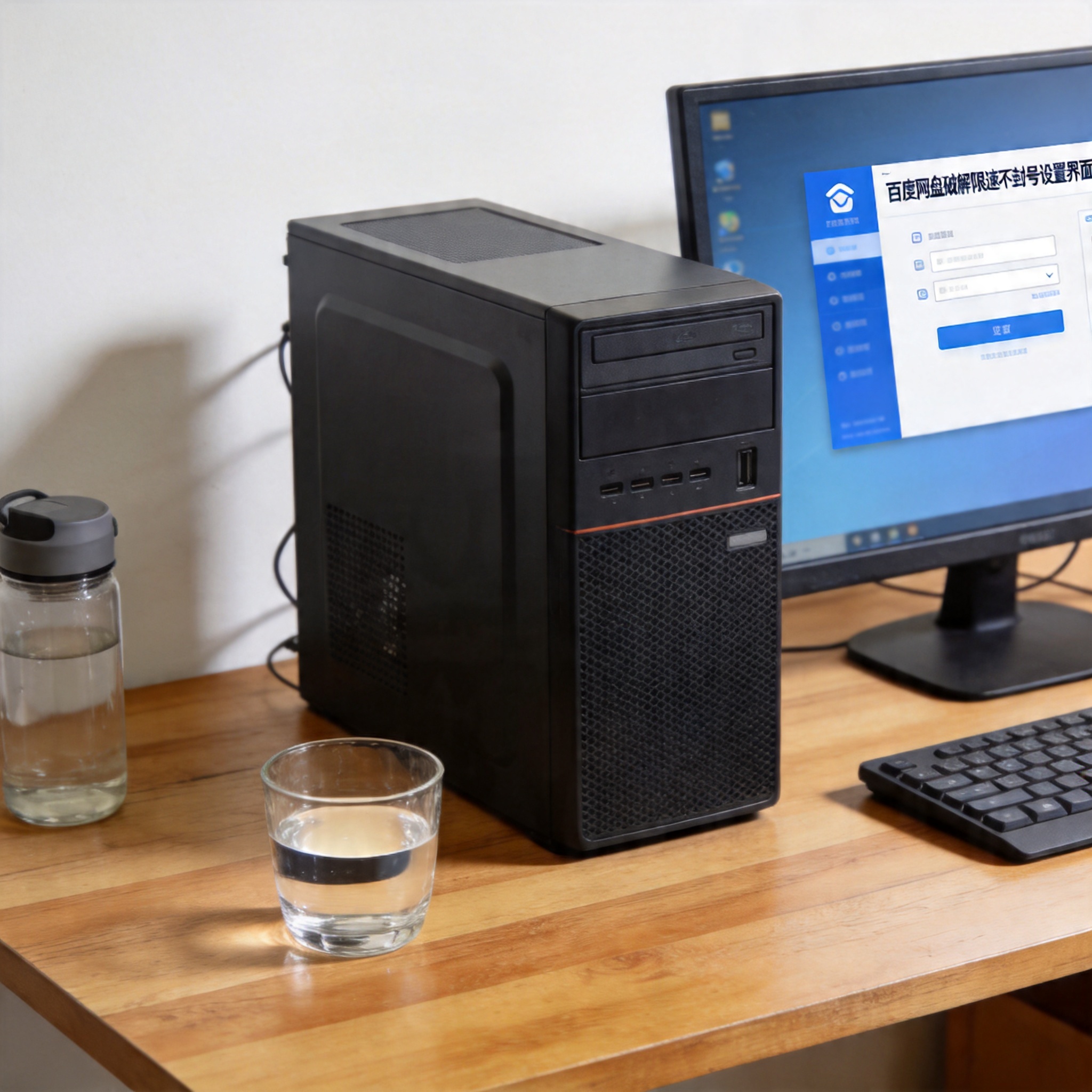 书桌上的主机，屏幕显示百度网盘破解限速不封号设置界面，桌角放着水杯，自然光