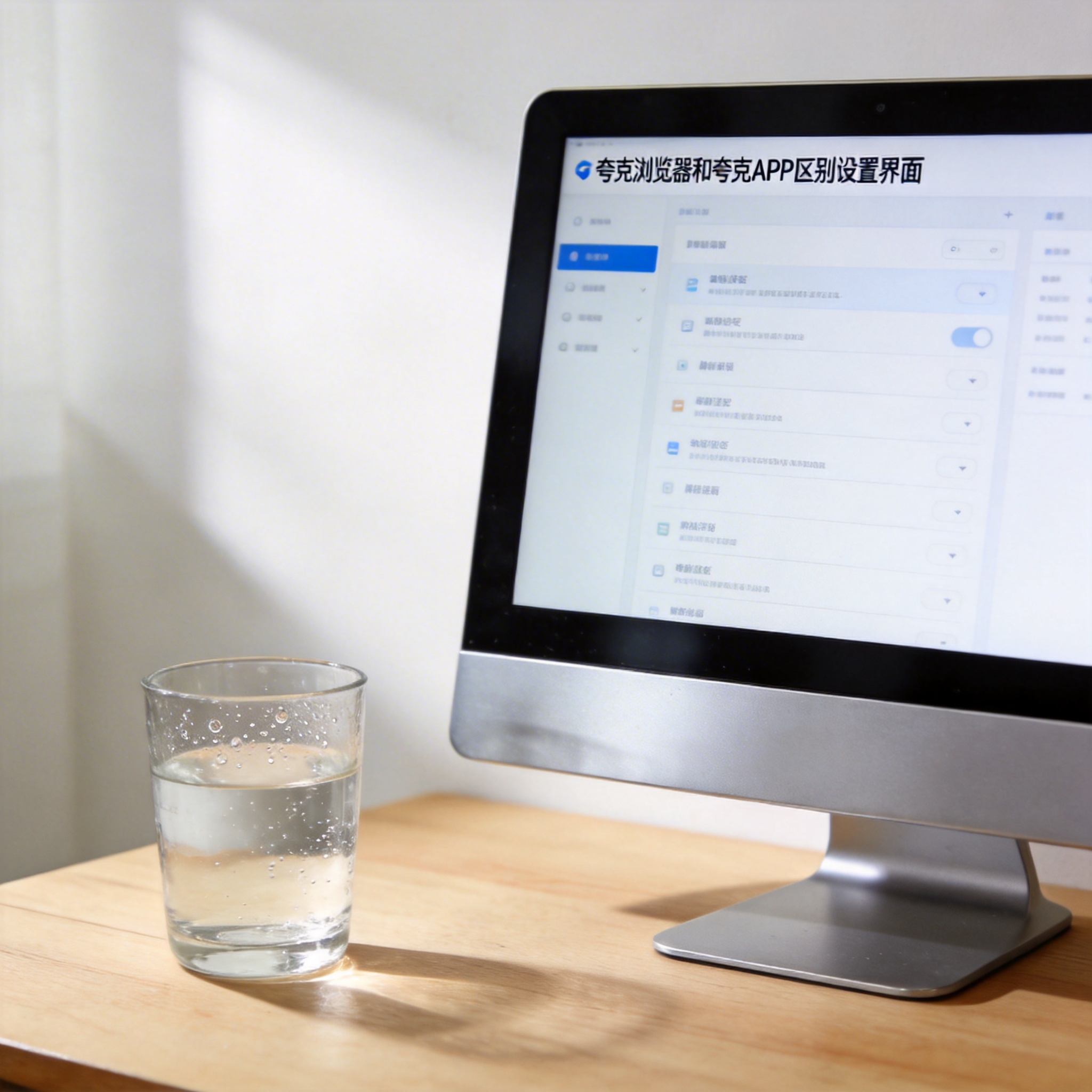 书桌上的主机，屏幕显示夸克浏览器和夸克 APP 区别设置界面，桌角放着水杯，自然光