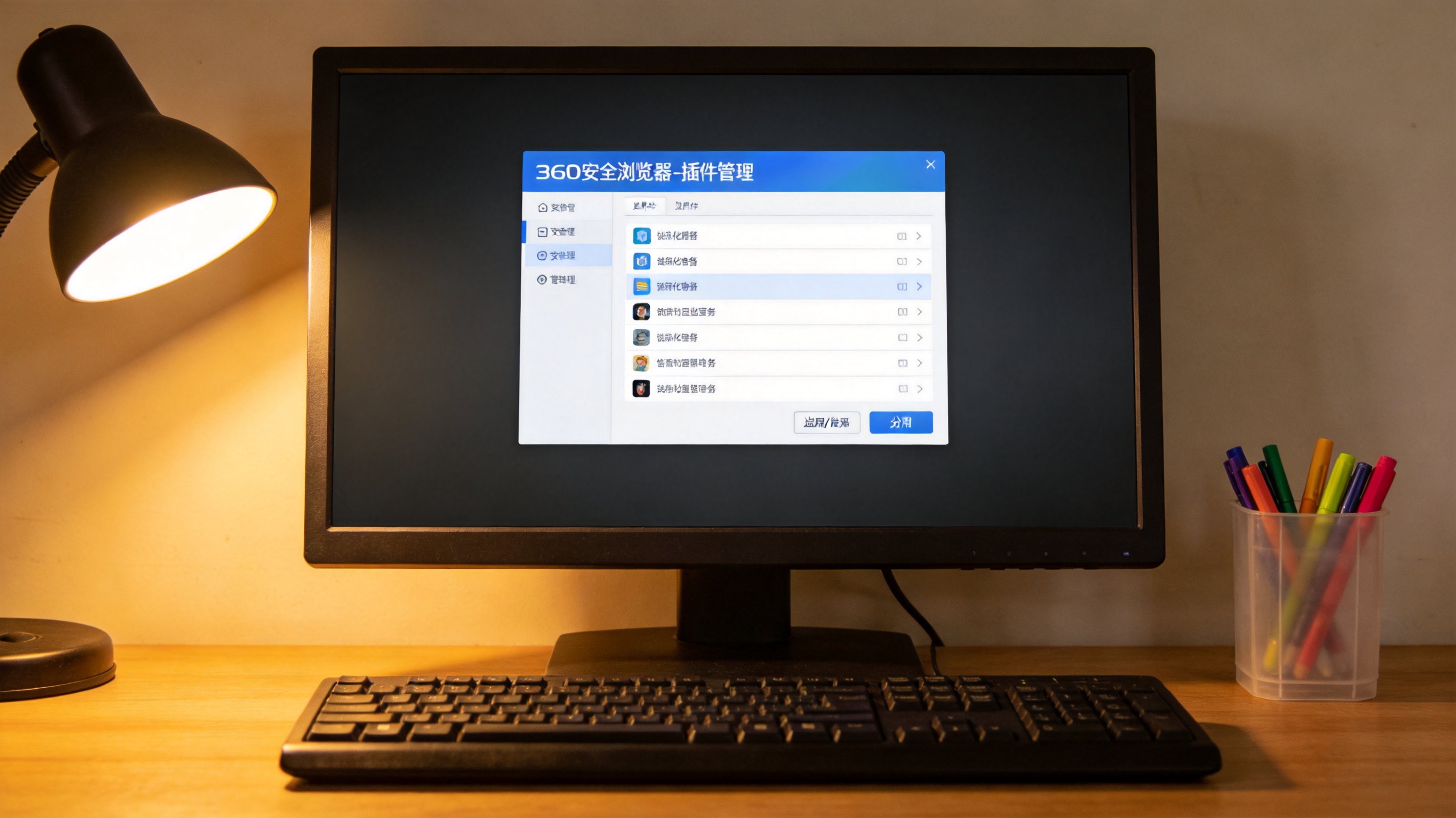 电脑屏幕显示360安全浏览器的插件管理界面，桌面有个塑料笔筒，台灯暖光