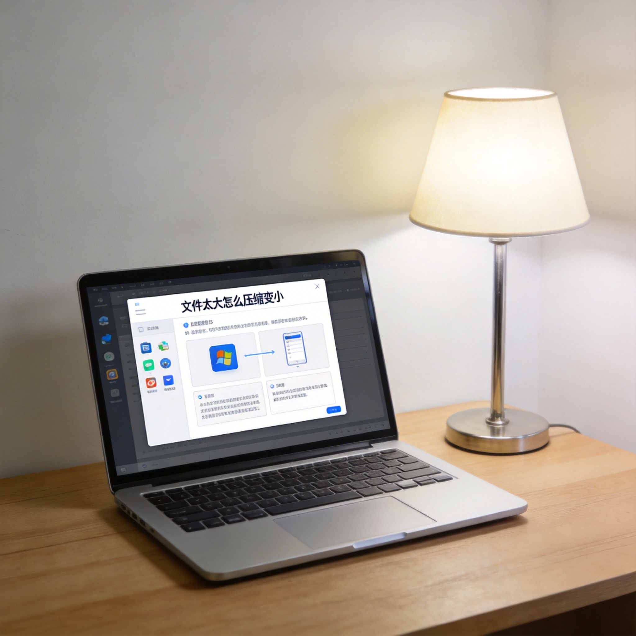 电脑桌上的电脑，屏幕显示文件太大怎么压缩变小界面，旁边放着台灯