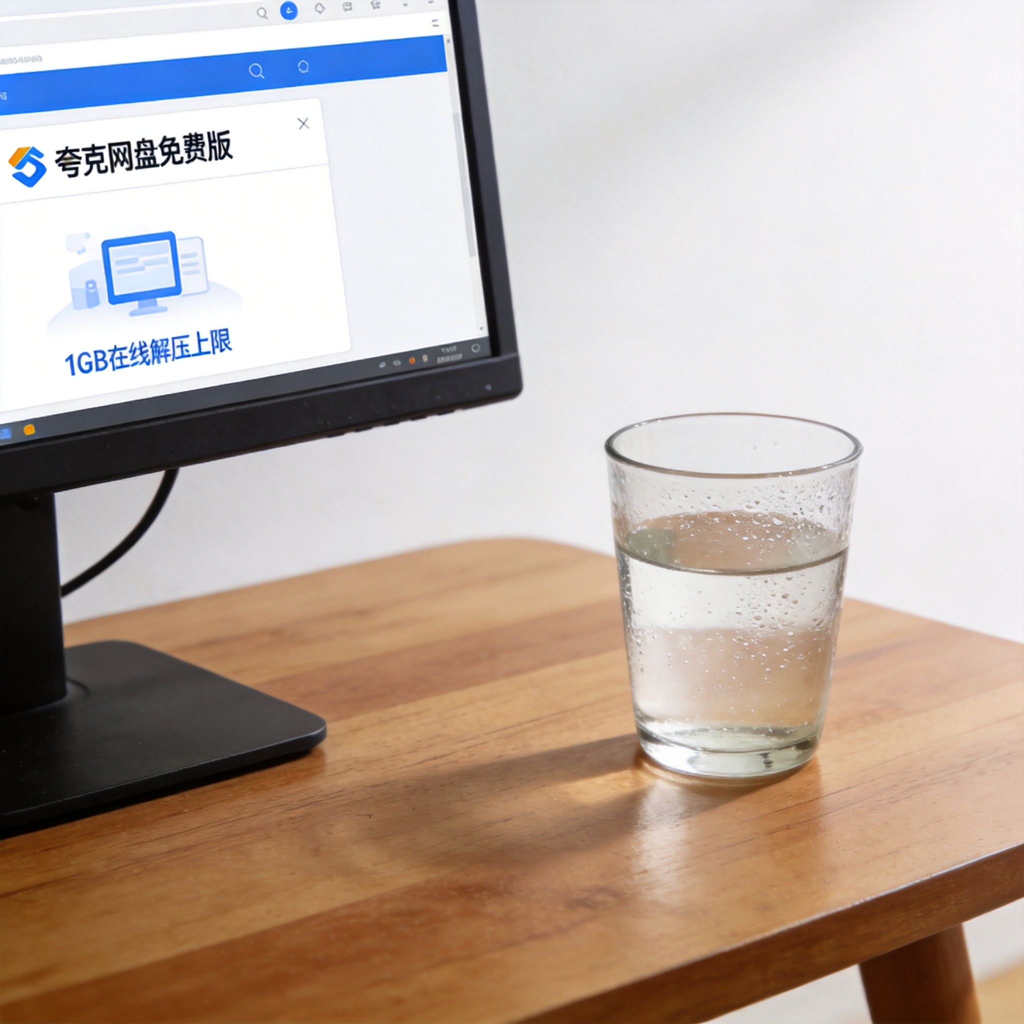 电脑桌的电脑屏幕显示夸克网盘免费版界面，页面标注1GB在线解压上限，旁边放着半杯凉白开，室内自然光