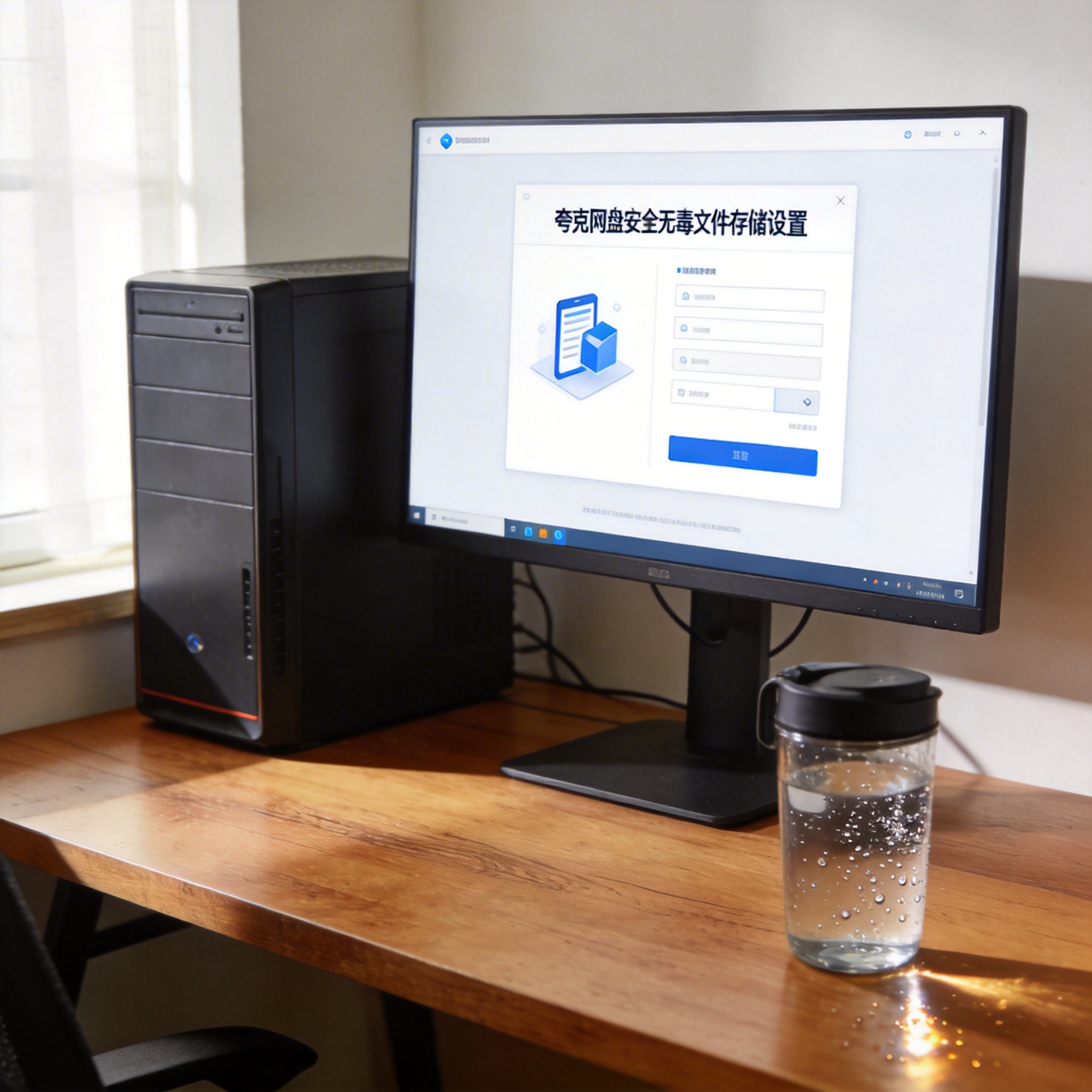 书桌上的主机，屏幕显示夸克网盘安全无毒文件存储设置界面，桌角放着水杯，自然光